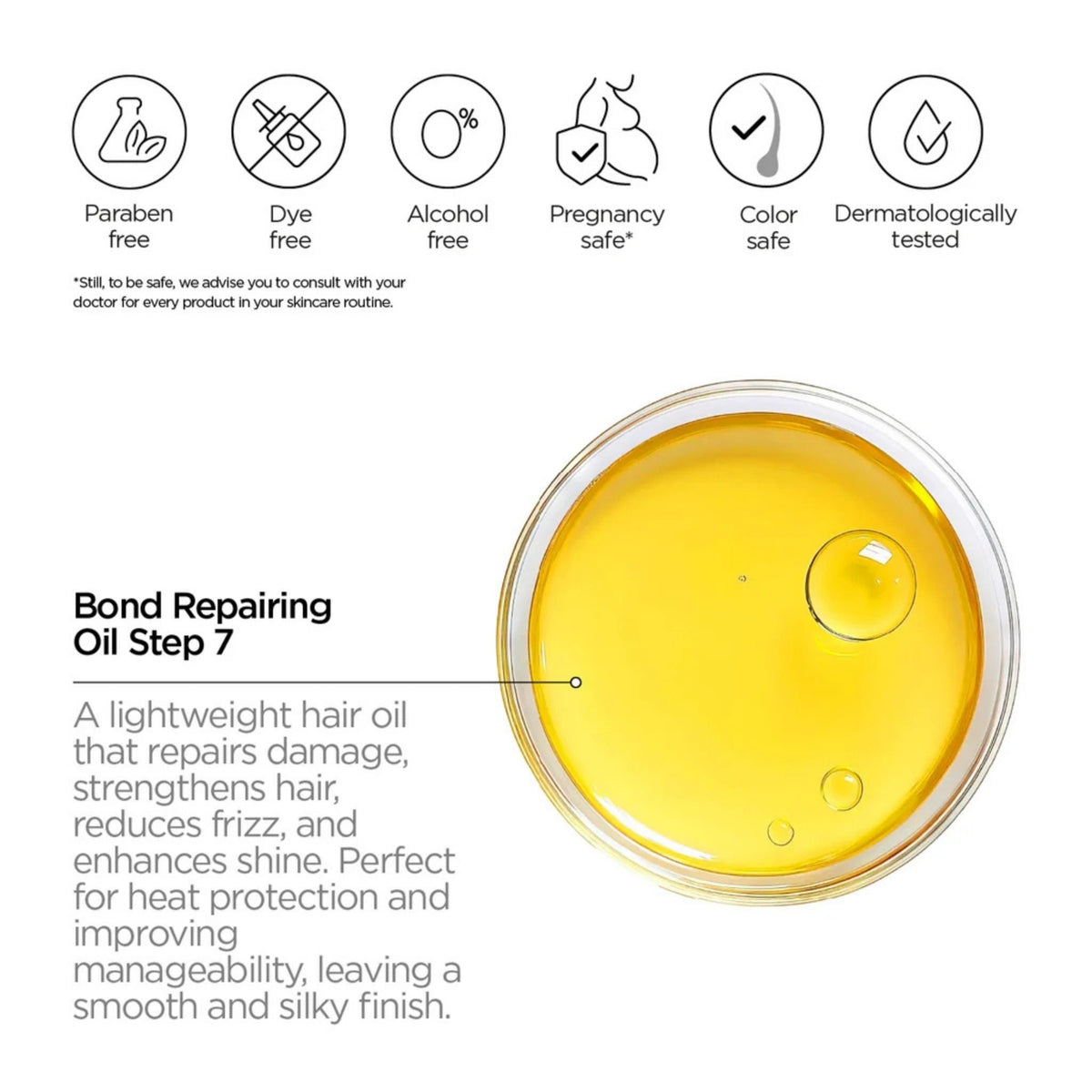 Refect Beauty Revox B77 Plex Bond Repairing Oil Step 7 showing golden hair oil texture and product benefits icons.