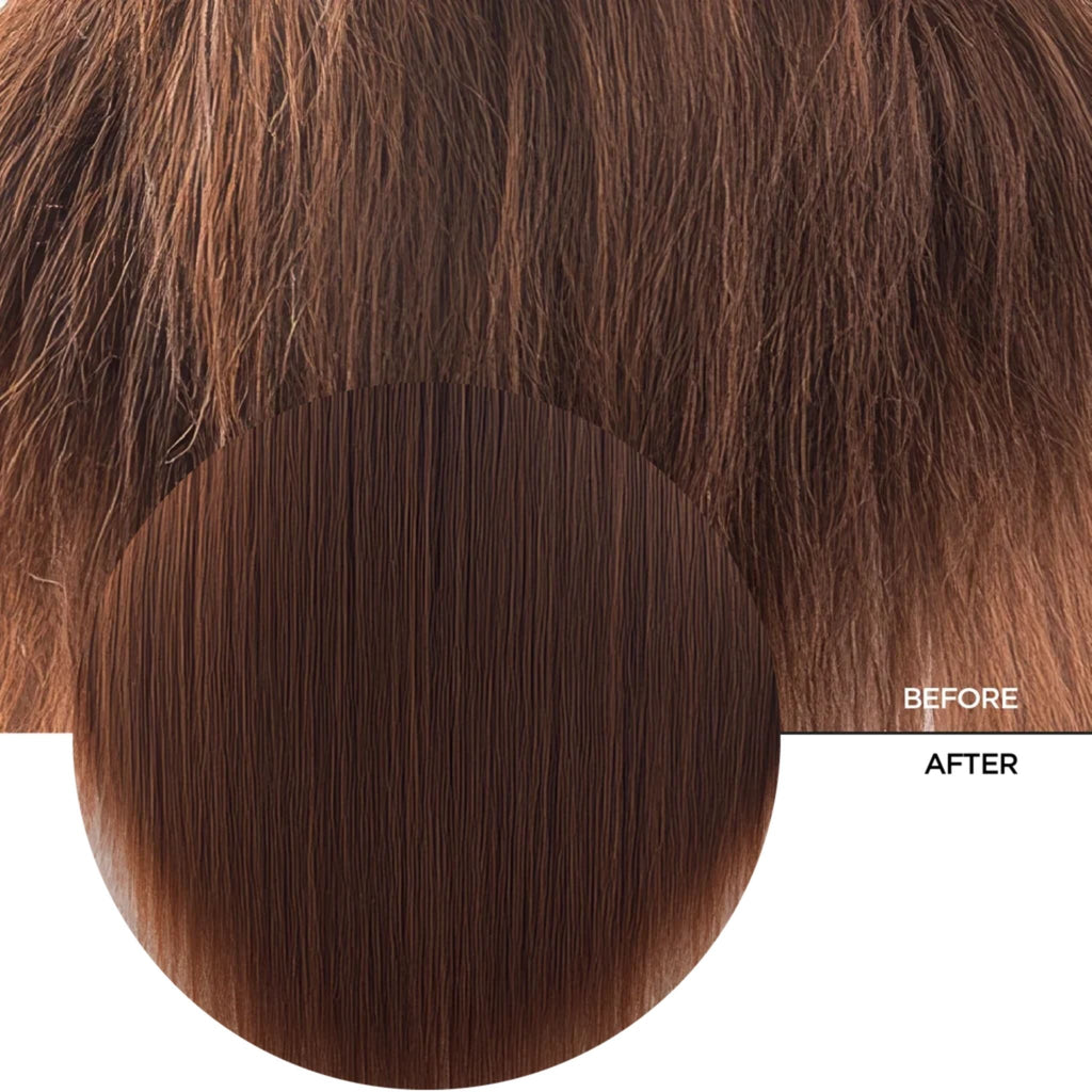 Refect Beauty before and after comparison showing damaged hair transformed into smooth, shiny, and healthy hair