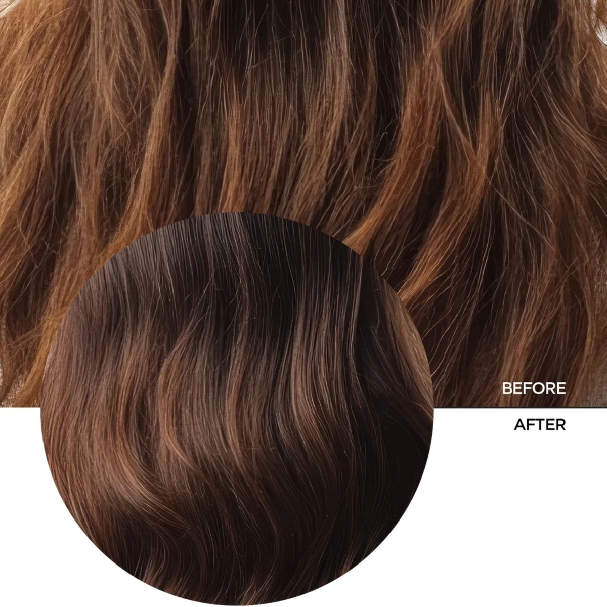 Refect Beauty Revox B77 Plex hair cream showing before and after results on brown hair with reduced frizz and more shine