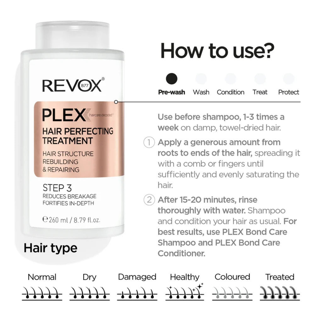 Refect Beauty Revox B77 Plex Step 3 hair perfecting treatment bottle with usage instructions and hair type guide.