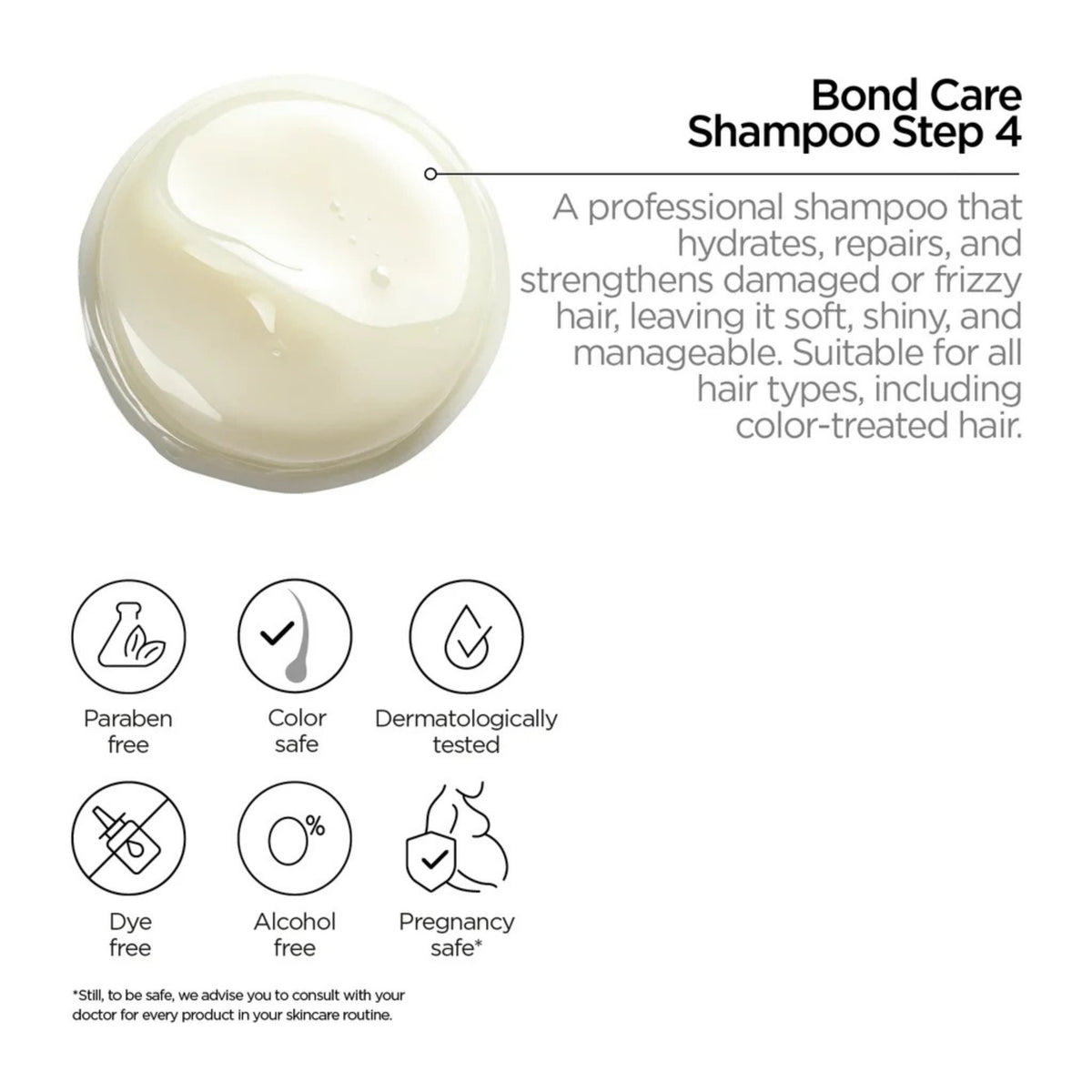Refect Beauty Revox B77 Plex Bond Care Shampoo Step 4 texture shown with product benefits and safety icons