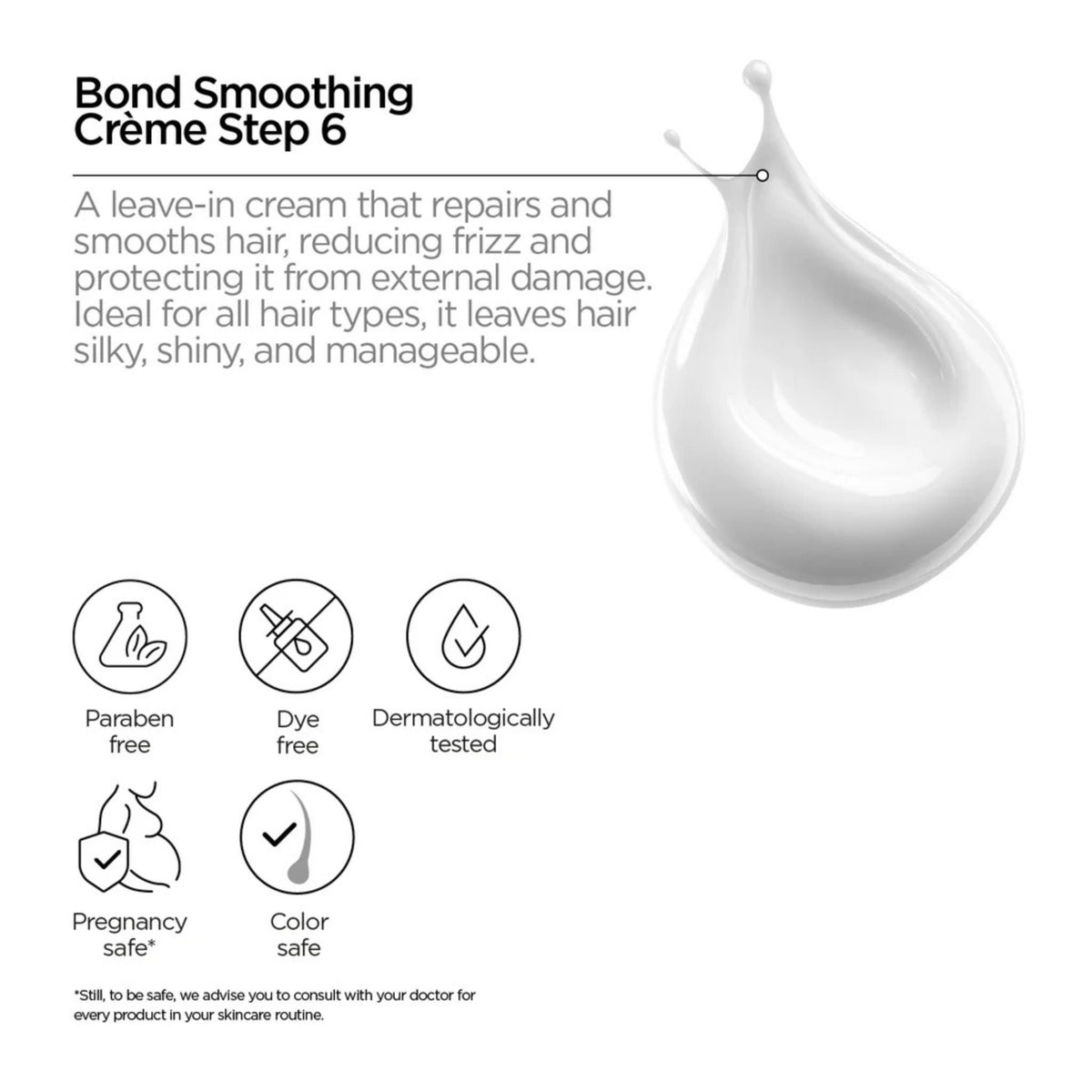Refect Beauty Revox B77 Plex Bond Smoothing Creme Step 6 leave-in hair cream with a white cream drop and icons.