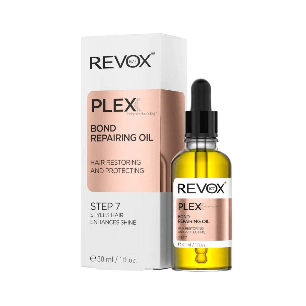 Refect Beauty Revox B77 Plex Step 7 Bond Repairing Oil in a glass dropper bottle with its white and rose gold box.