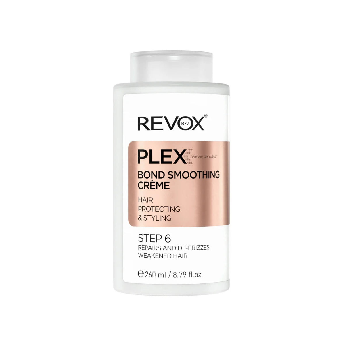 Refect Beauty Revox B77 Plex Step 6 Bond Smoothing Creme in a white bottle for repairing and protecting hair.