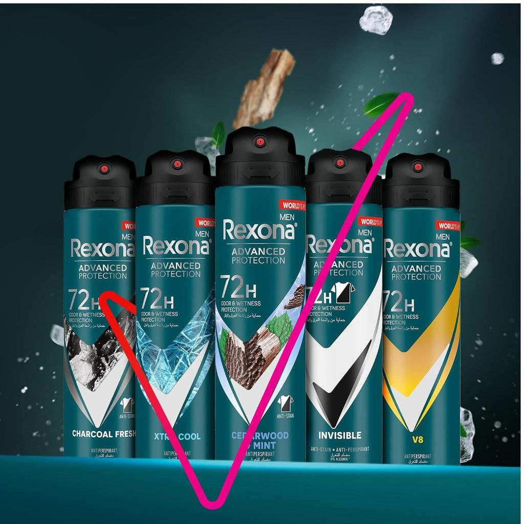 Refect Beauty Rexona Advanced Protection antiperspirant spray cans for men featuring various cooling scent variants.