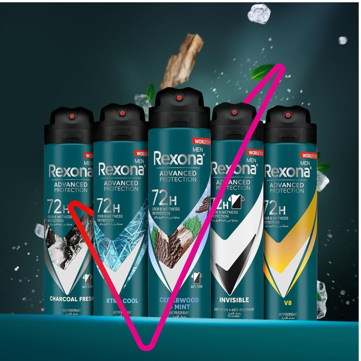 Refect Beauty Rexona Advanced Protection antiperspirant spray cans for men featuring various cooling scent variants.