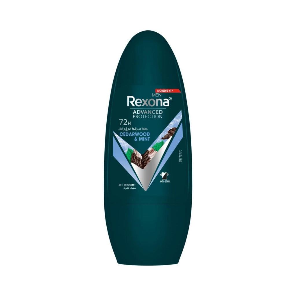 Refect Beauty Rexona Cedarwood & Mint men's roll-on deodorant with 72-hour anti-perspirant protection in dark green.