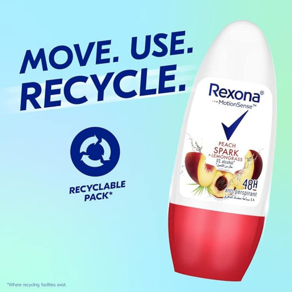 Refect Beauty Rexona Peach Spark and Lemongrass roll-on deodorant with recyclable packaging design