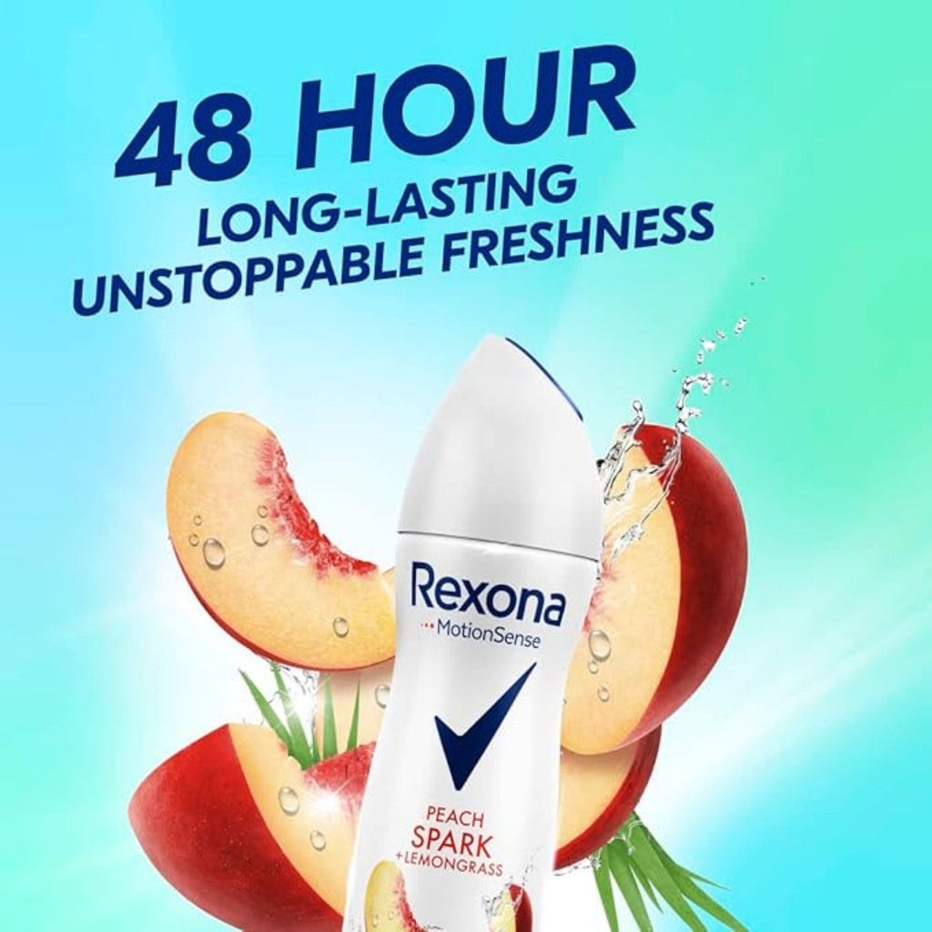 Refect Beauty Rexona Peach Spark and Lemongrass deodorant spray with peach slices and refreshing water splashes.