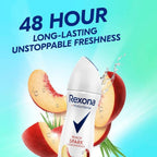 Refect Beauty Rexona Peach Spark and Lemongrass deodorant spray with peach slices and refreshing water splashes.