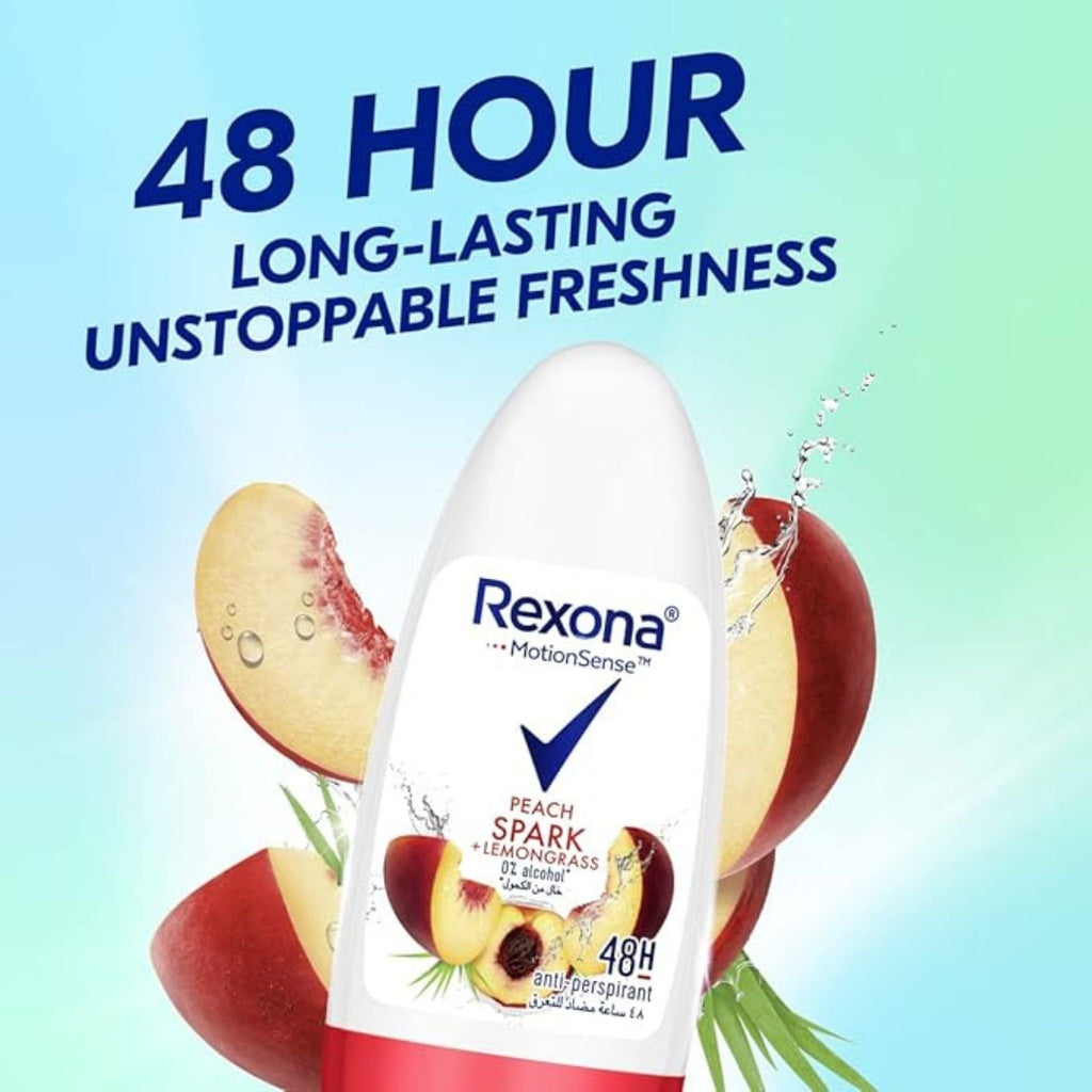 Refect Beauty Rexona Peach Spark and Lemongrass roll-on deodorant with 48-hour freshness and peach fruit accents.