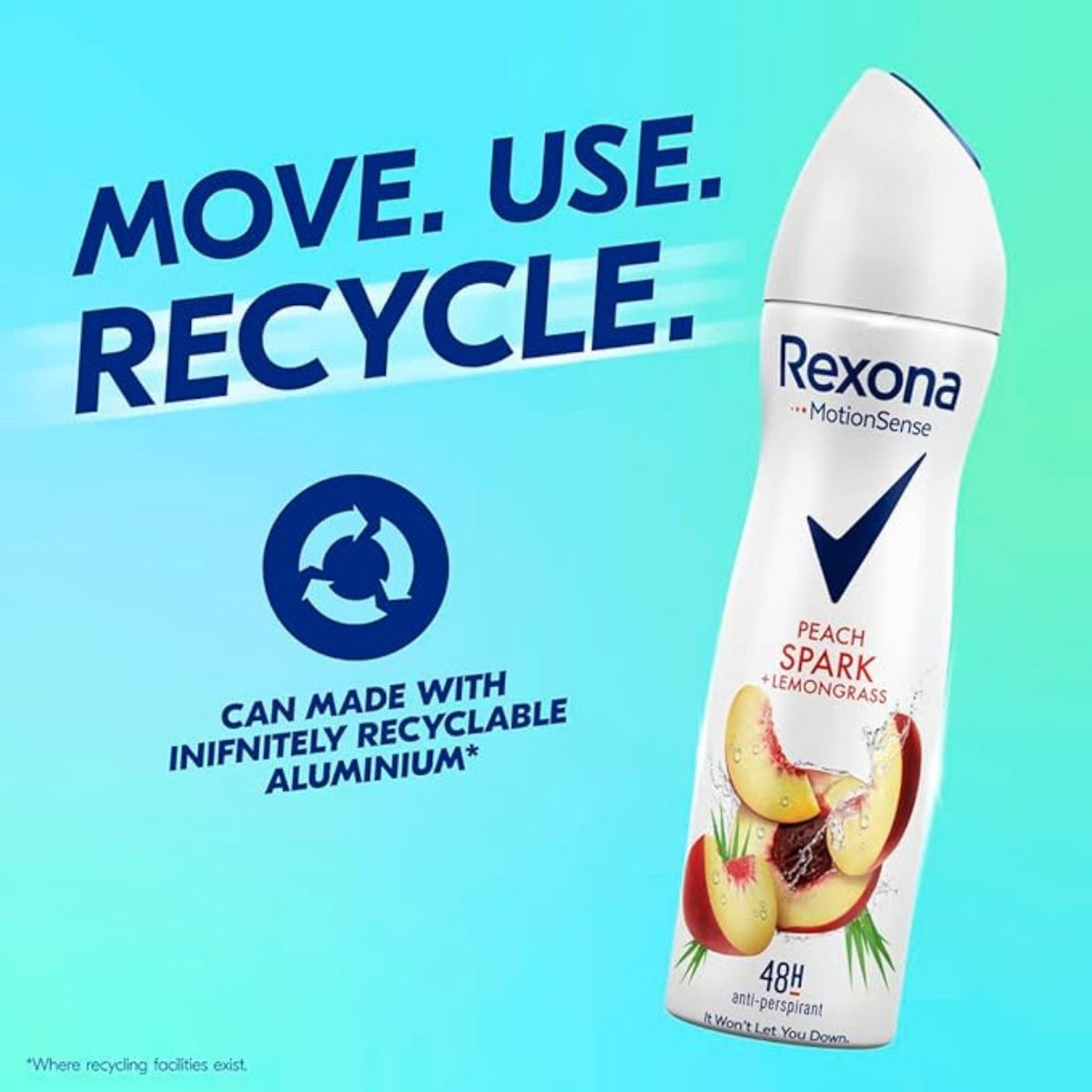 Refect Beauty Rexona Peach Spark and Lemongrass deodorant spray can with recyclable aluminium branding