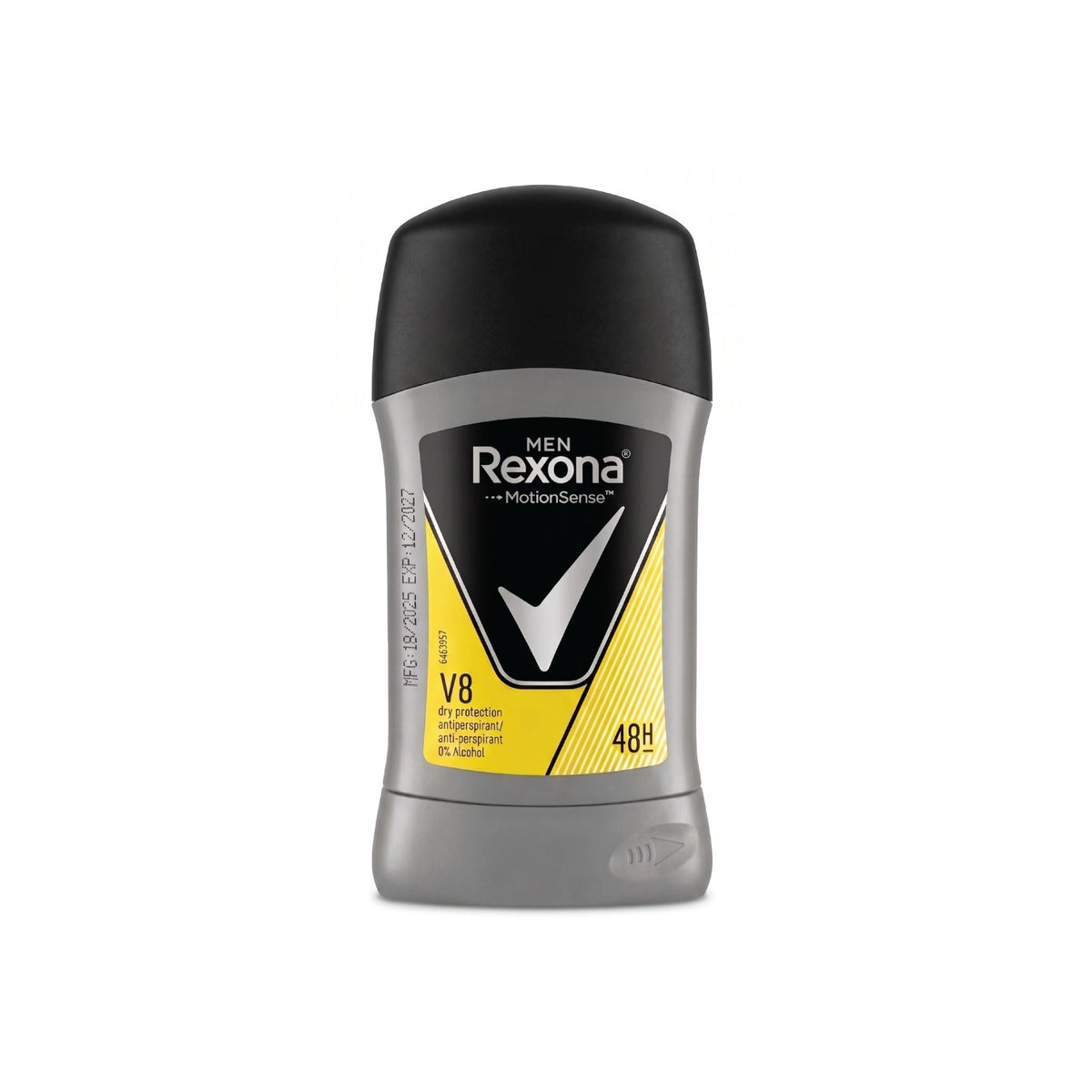 Refect Beauty Rexona Men V8 antiperspirant deodorant stick in a grey and yellow container with 48h protection