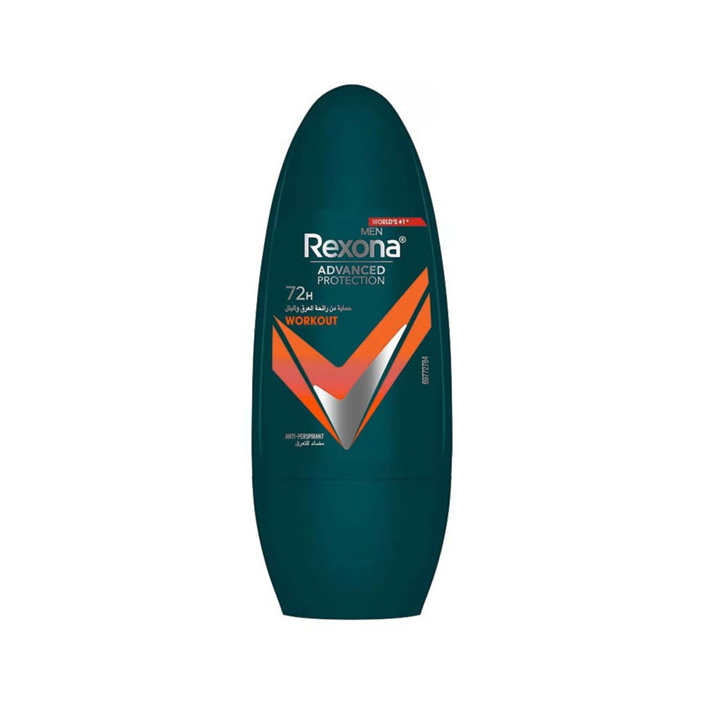 Refect Beauty Rexona Workout Men antiperspirant roll-on deodorant with 72-hour protection in a dark green bottle.