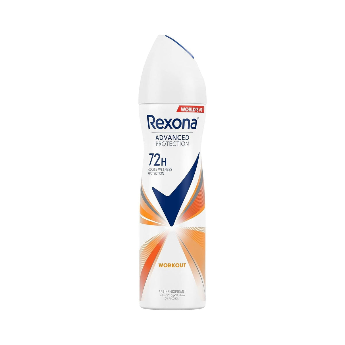 Refect Beauty Rexona Workout antiperspirant spray for women featuring 72-hour protection in a white and orange bottle.