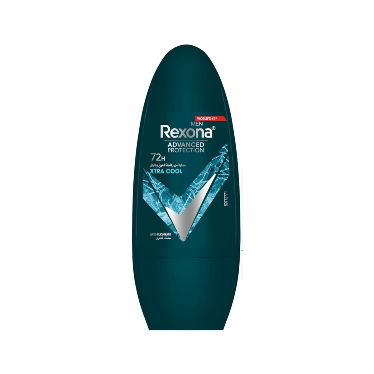 Refect Beauty Rexona Xtra Cool antiperspirant roll-on for men with 72-hour protection and cooling ice graphic design.