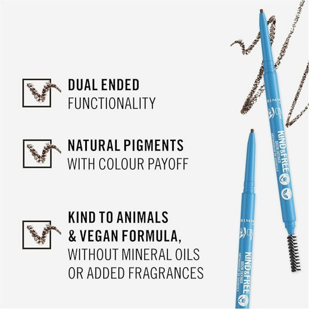 Refect Beauty Rimmel London Kind & Free dual-ended brow pencil with spoolie brush and vegan formula features