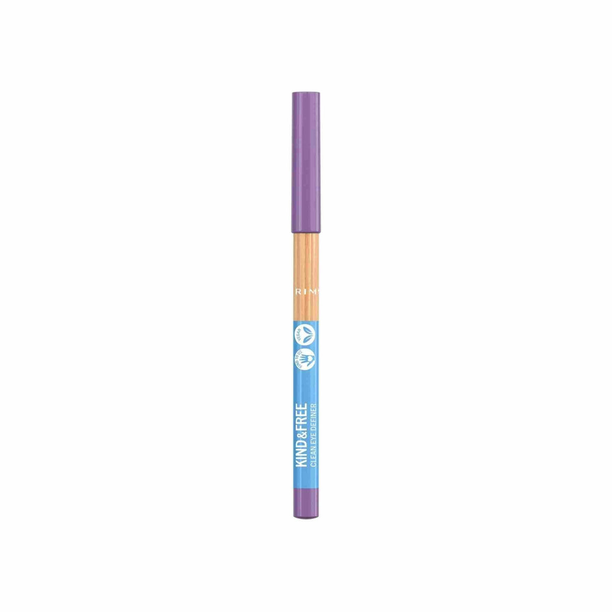 Refect Beauty Rimmel Kind & Free clean vegan eyeliner pencil in a light blue shade with a purple cap.
