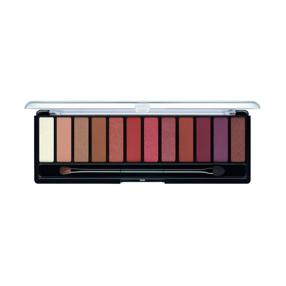 Refect Beauty Rimmel London Magnif'Eyes eyeshadow palette featuring twelve warm, crimson, and purple blendable shades.