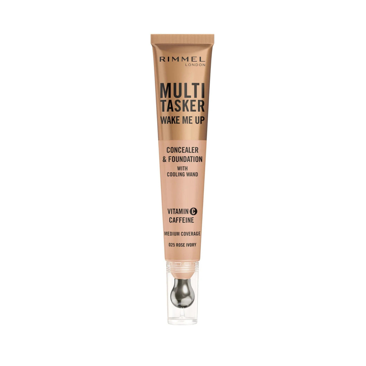 Refect Beauty Rimmel Multi-Tasker Wake Me Up foundation and concealer tube in shade 025 Rose Ivory with cooling wand