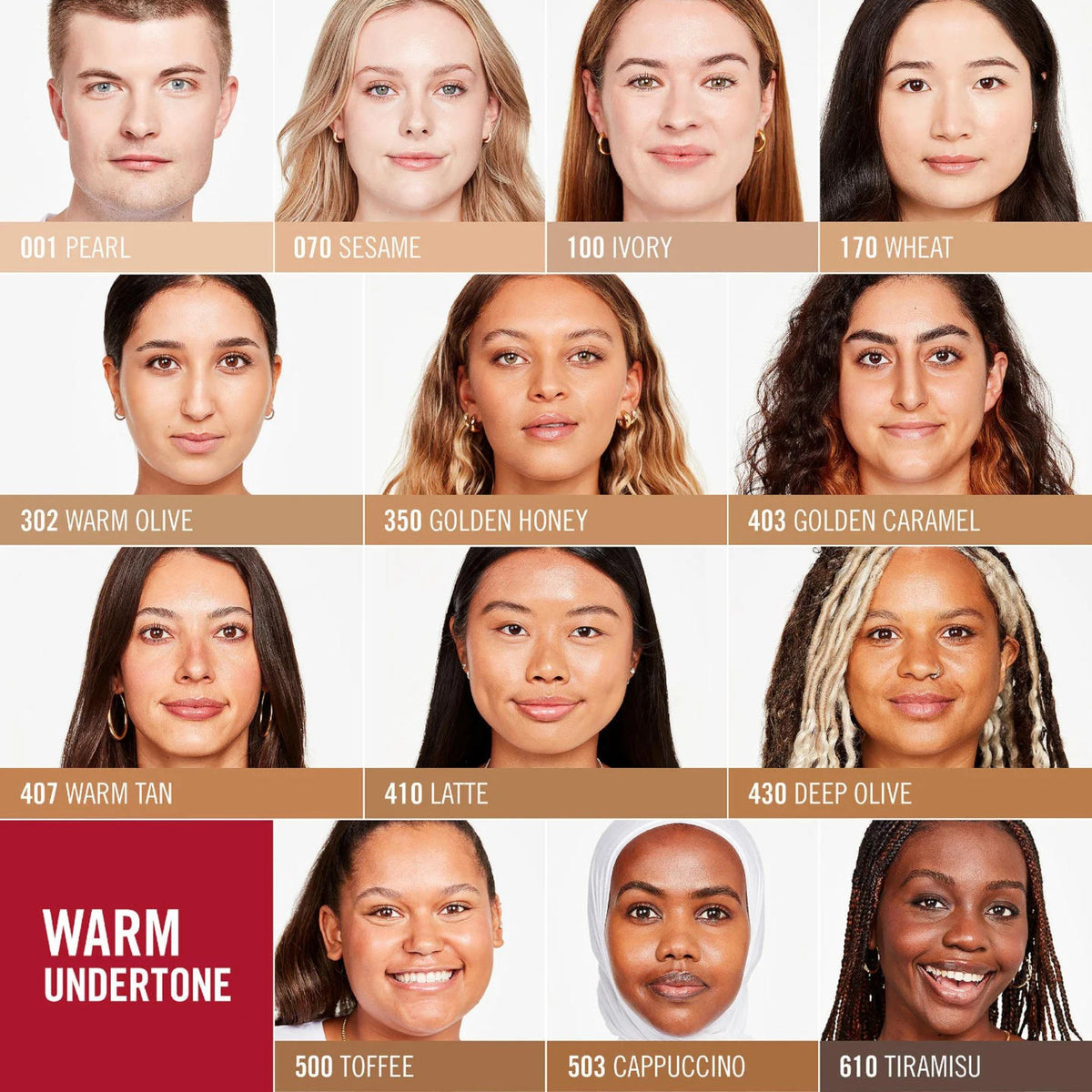 Refect Beauty Rimmel Lasting Finish foundation shade range chart showing diverse skin tones and undertones