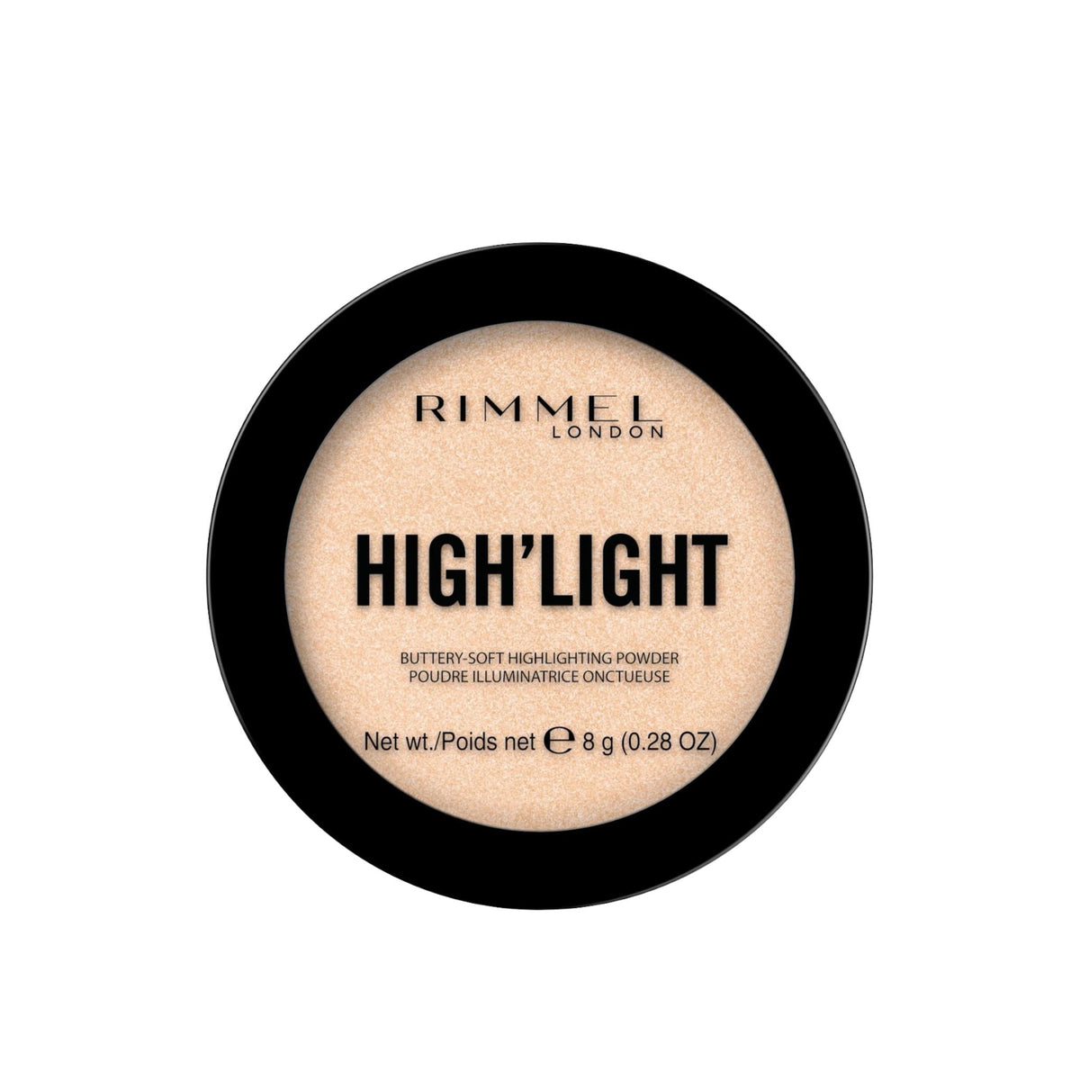 Refect Beauty Rimmel High'Light powder in a round black compact for a radiant, luminous glow.