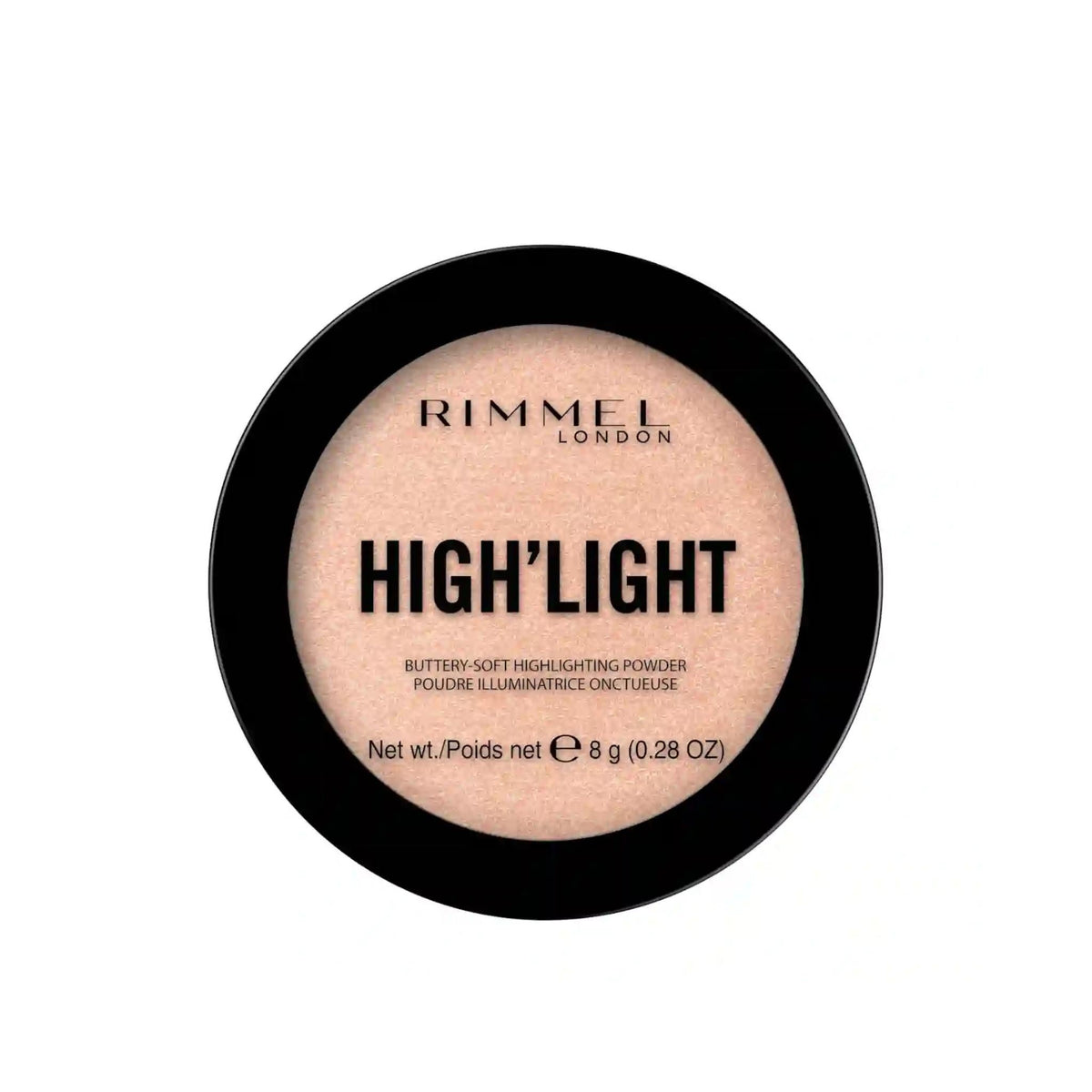 Refect Beauty Rimmel High'Light powder in a round black compact for a radiant, luminous glow.