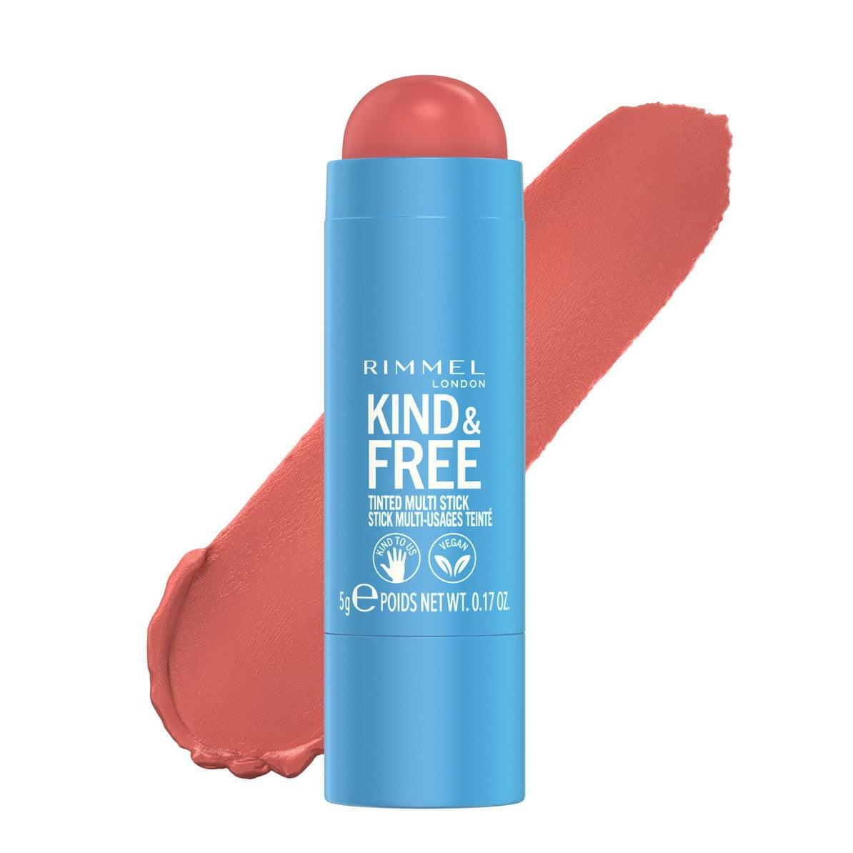 Refect Beauty Rimmel Kind & Free Multi Stick in a coral shade with a creamy texture swatch on a blue tube
