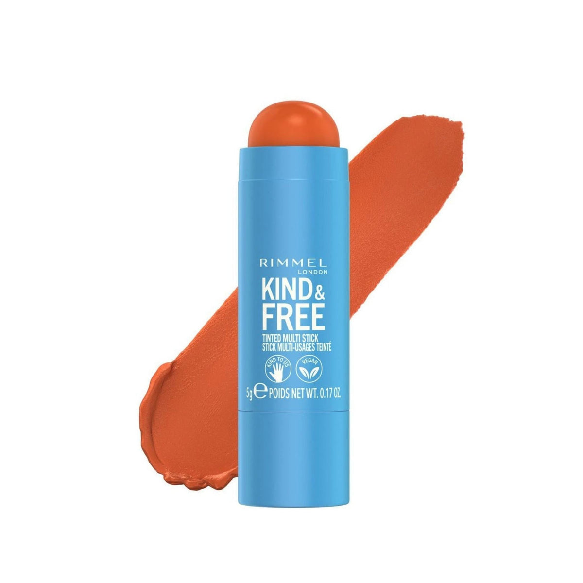 Refect Beauty Rimmel Kind & Free tinted multi stick in a vibrant orange shade with a creamy swatch behind the tube.
