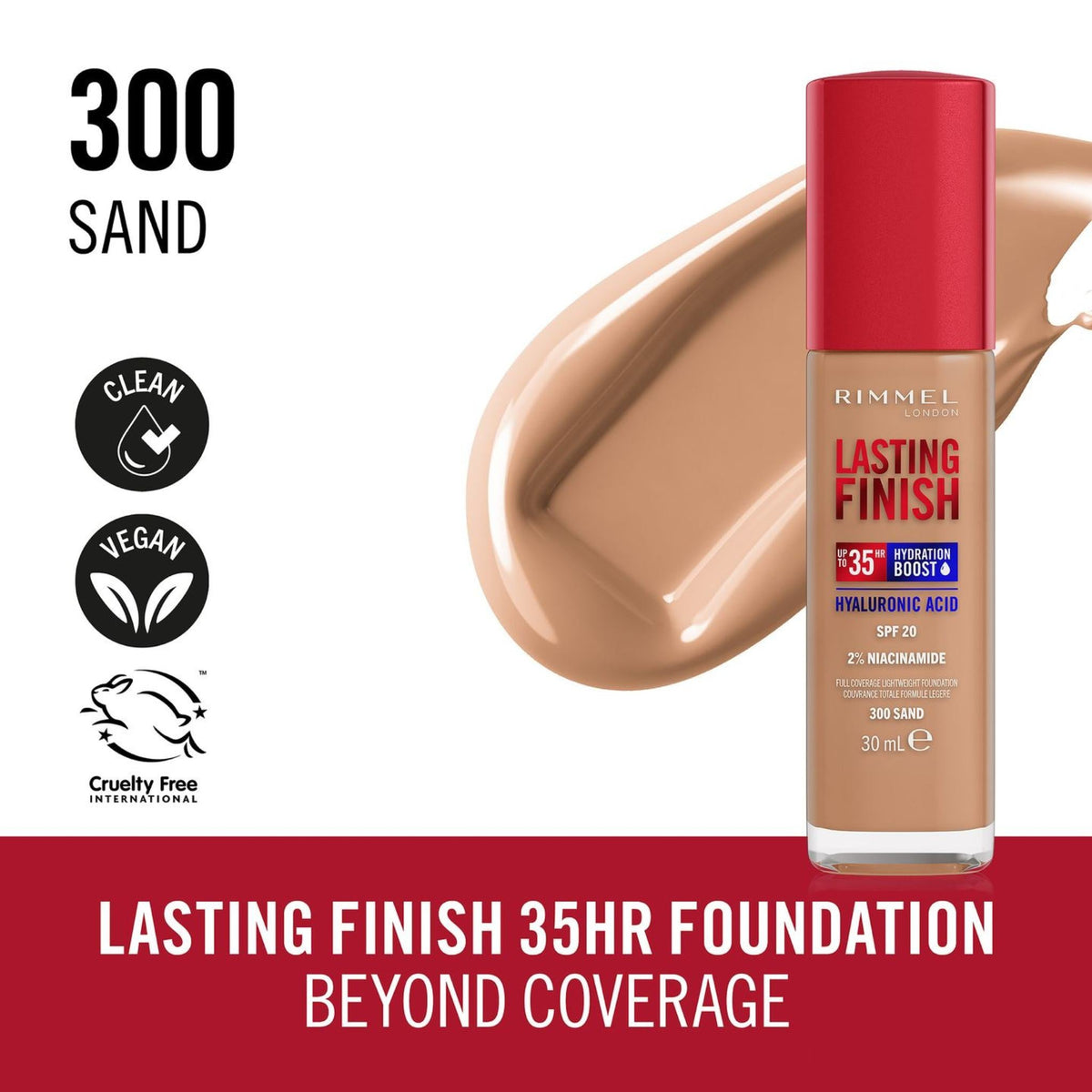 Refect Beauty Rimmel Lasting Finish 35 Hour Foundation in shade 300 Sand with a swatch of the liquid formula