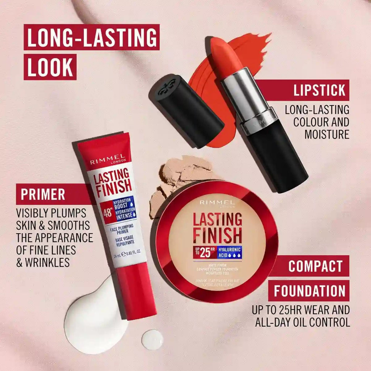 Refect Beauty Rimmel Lasting Finish makeup collection featuring primer, lipstick, and compact foundation powder.