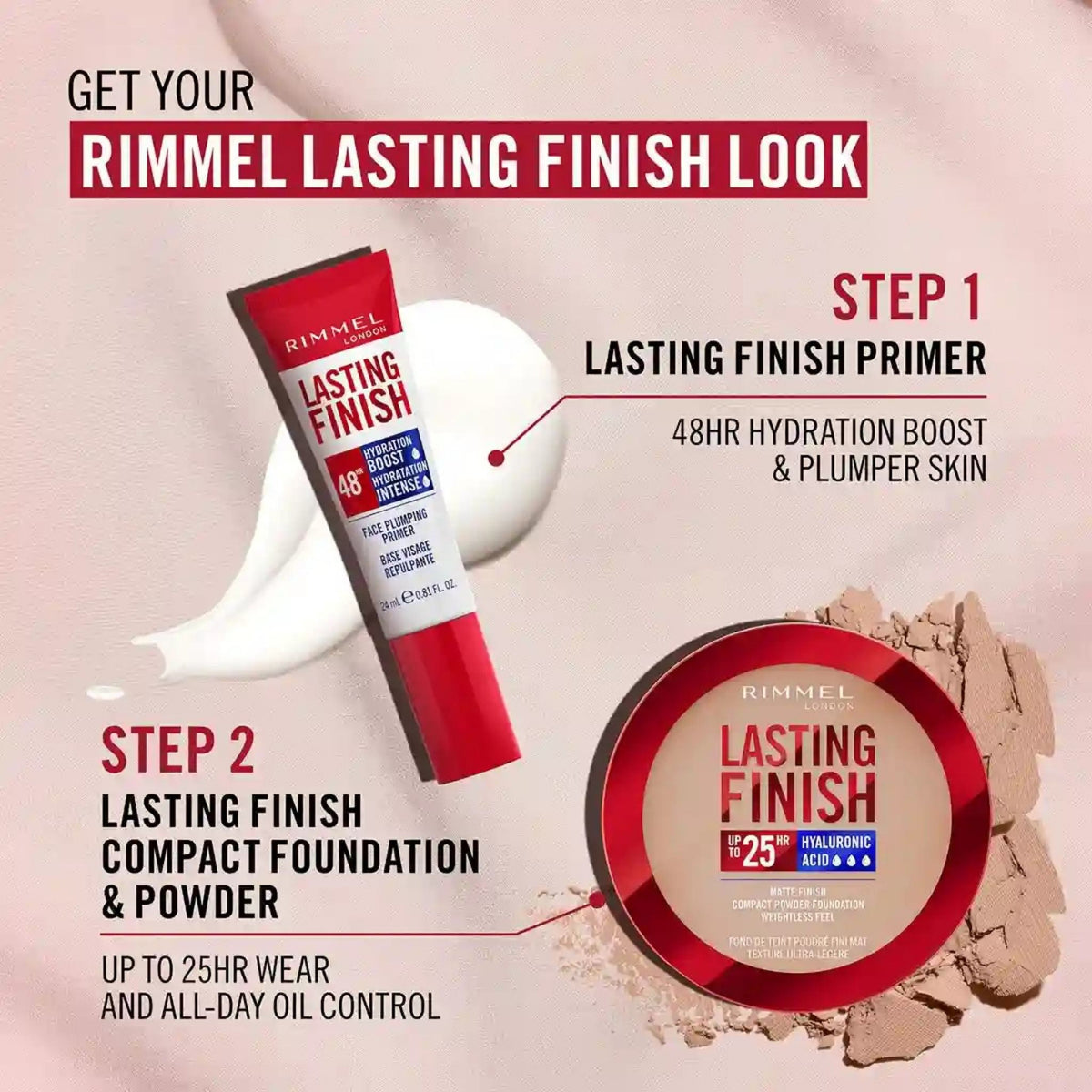 Refect Beauty Rimmel Lasting Finish primer and compact powder foundation for a hydrated, long-lasting makeup look.