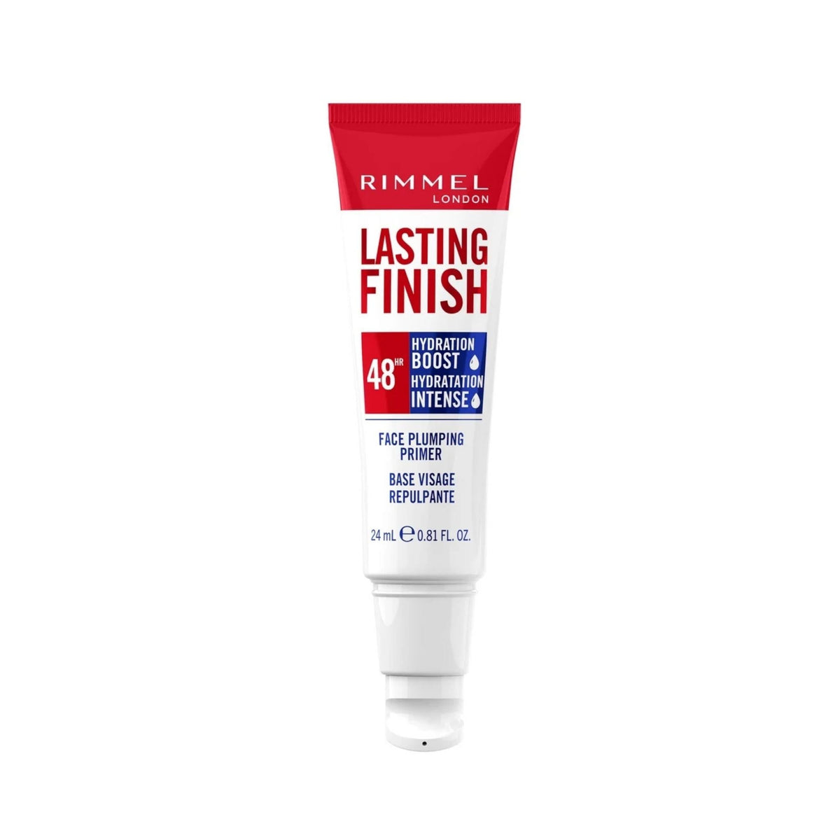 Refect Beauty Rimmel Lasting Finish 48 Hour Hydration Boost face plumping primer in a red and white squeeze tube.