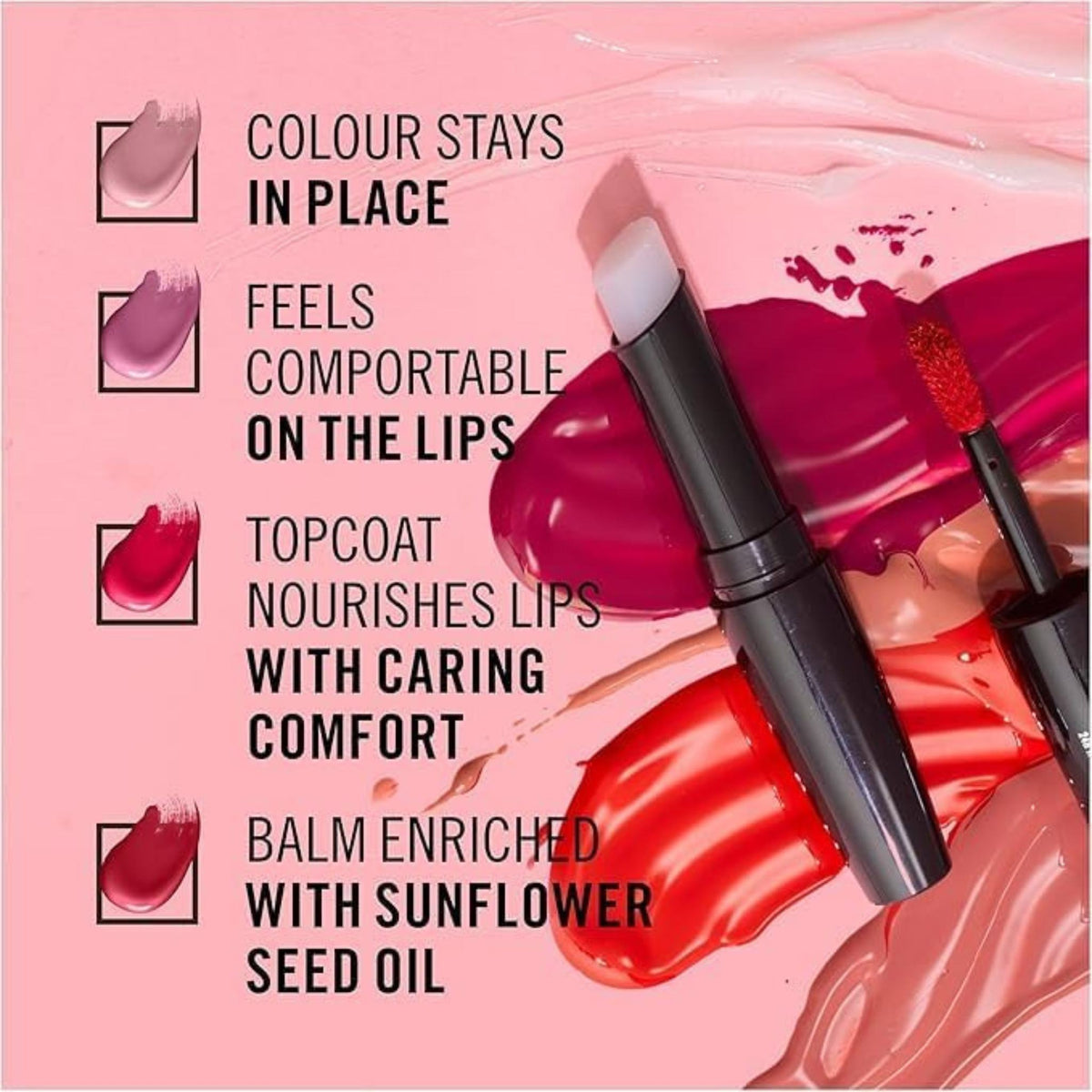 Refect Beauty Rimmel Lasting Provocalips liquid lipstick with hydrating top coat and vibrant color swatches