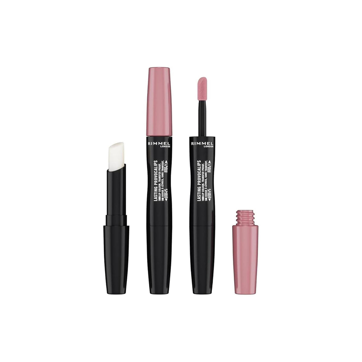 Refect Beauty Rimmel Lasting Provocalips double-ended liquid lipstick with hydrating top coat in a soft pink shade.