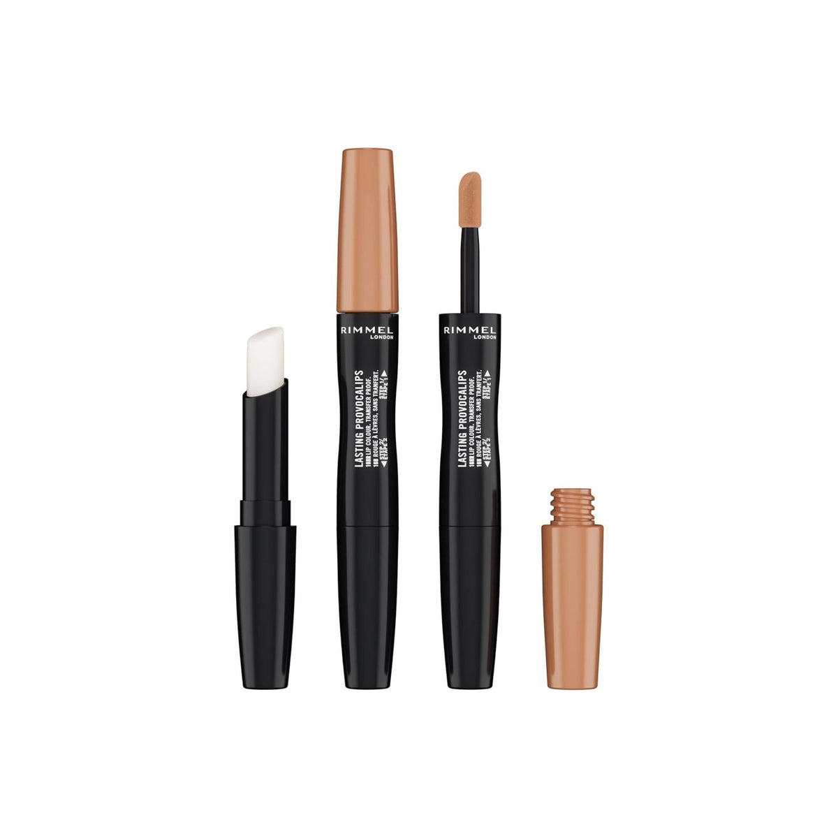 Refect Beauty Rimmel Lasting Provocalips double-ended liquid lipstick with hydrating top coat in a neutral nude shade.