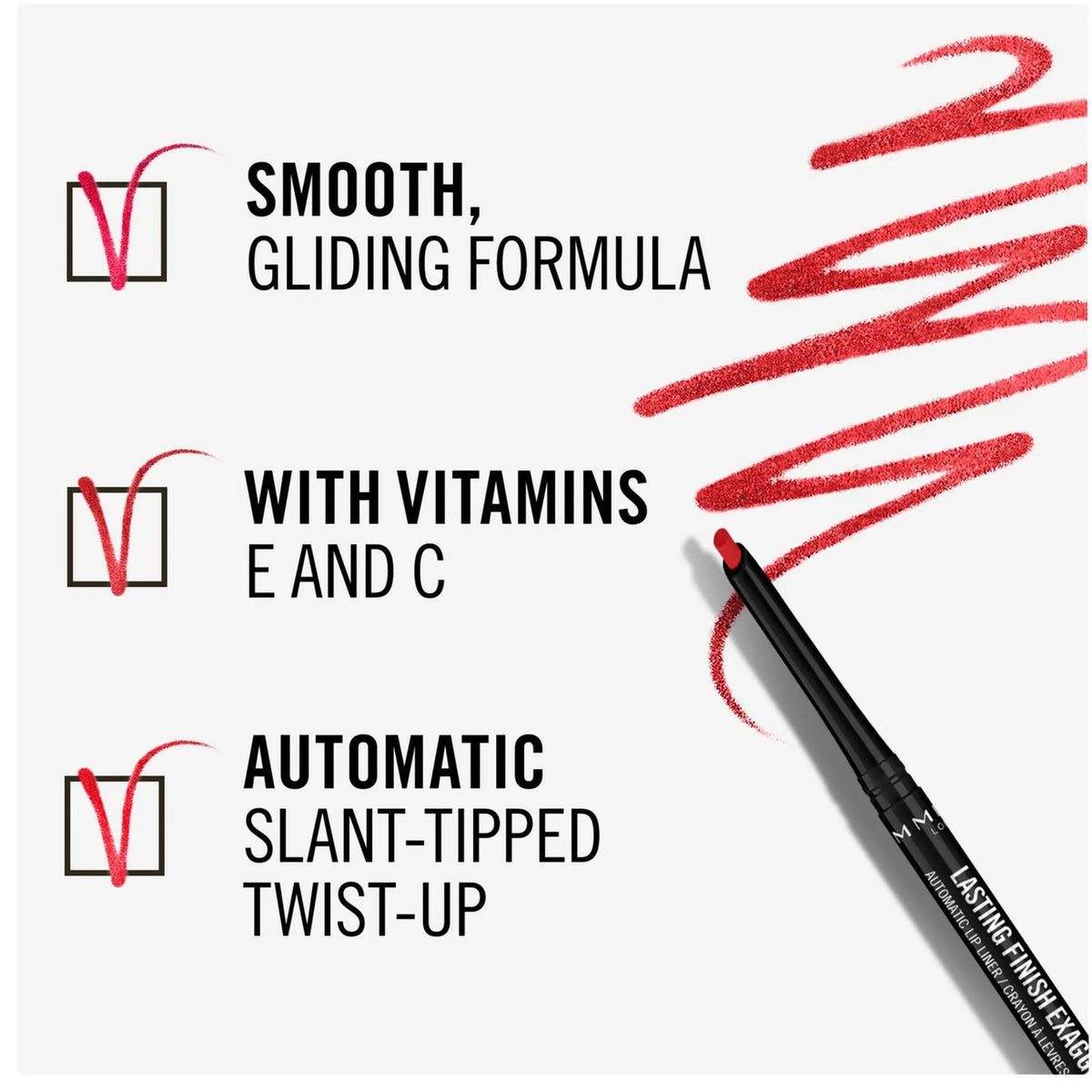 Refect Beauty Rimmel London Lasting Finish Exaggerate lip liner featuring a slant-tipped twist-up design and red swatch