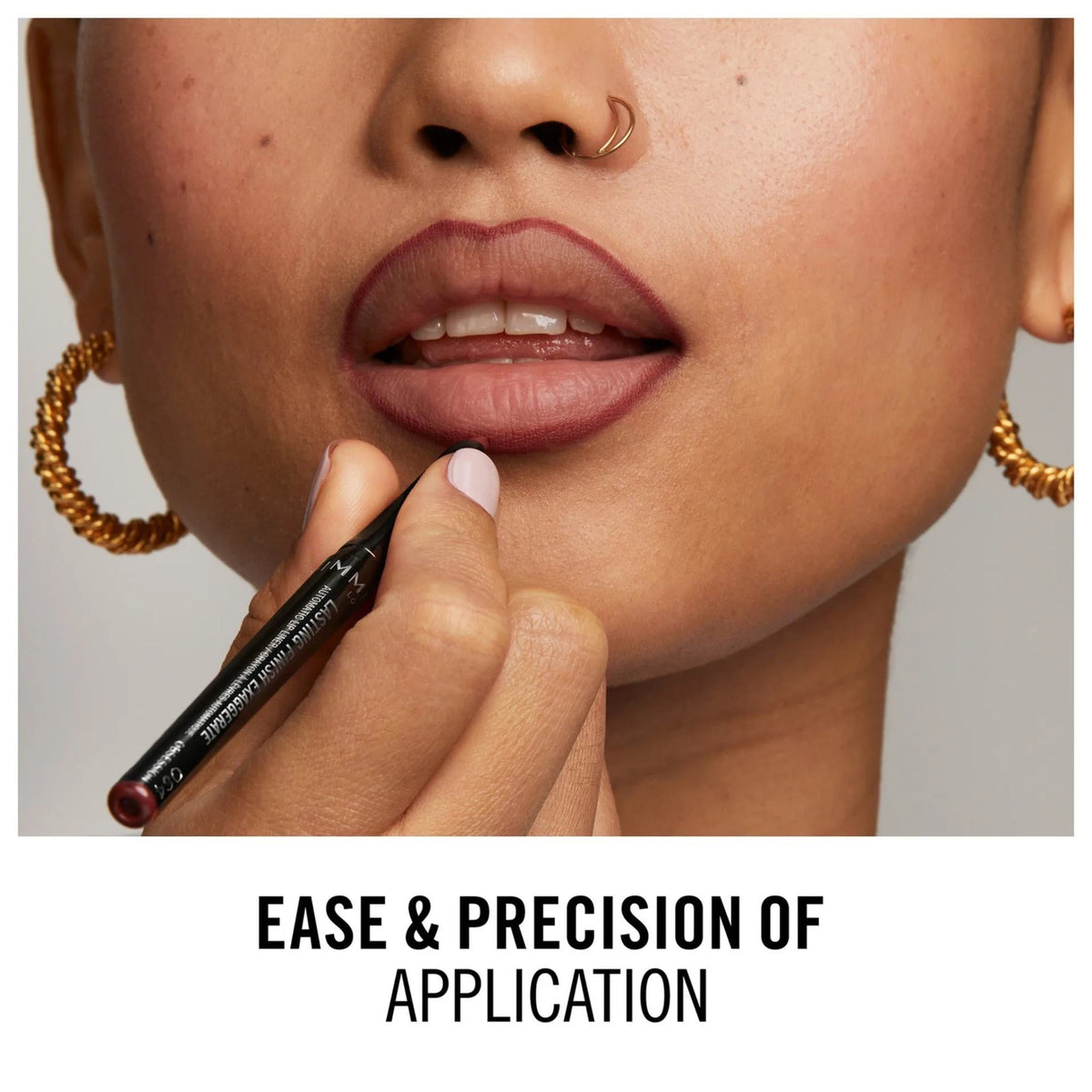 Refect Beauty model applying Rimmel London Lasting Finish Exaggerate automatic lip liner for precise lip definition
