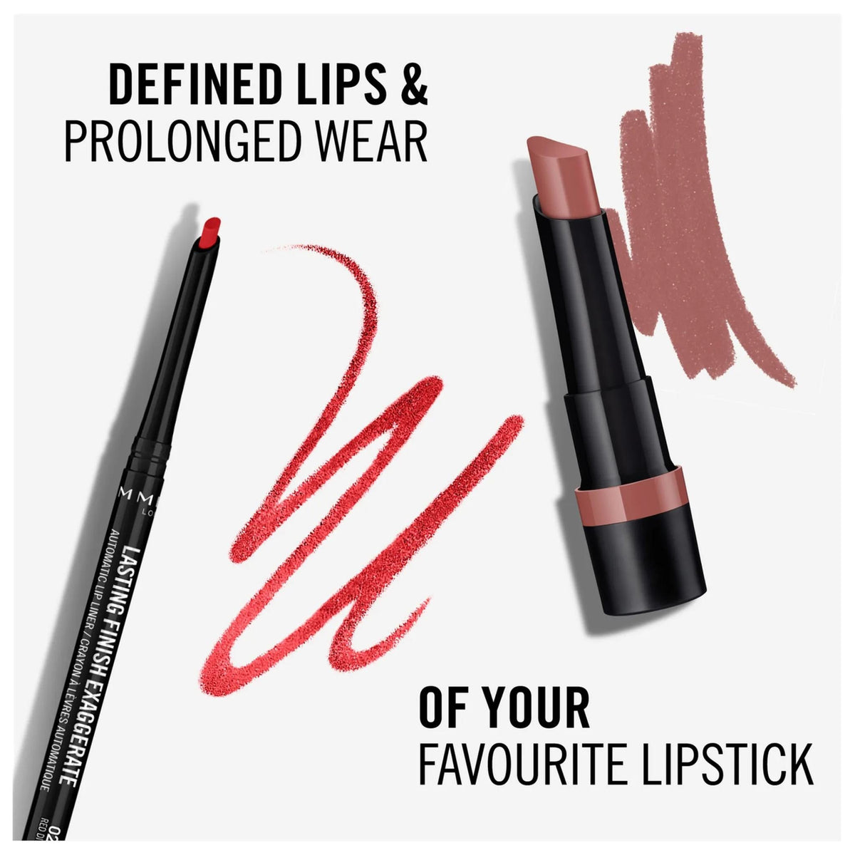 Refect Beauty Rimmel London Lasting Finish Exaggerate automatic lip liner pencil with creamy red and nude swatches