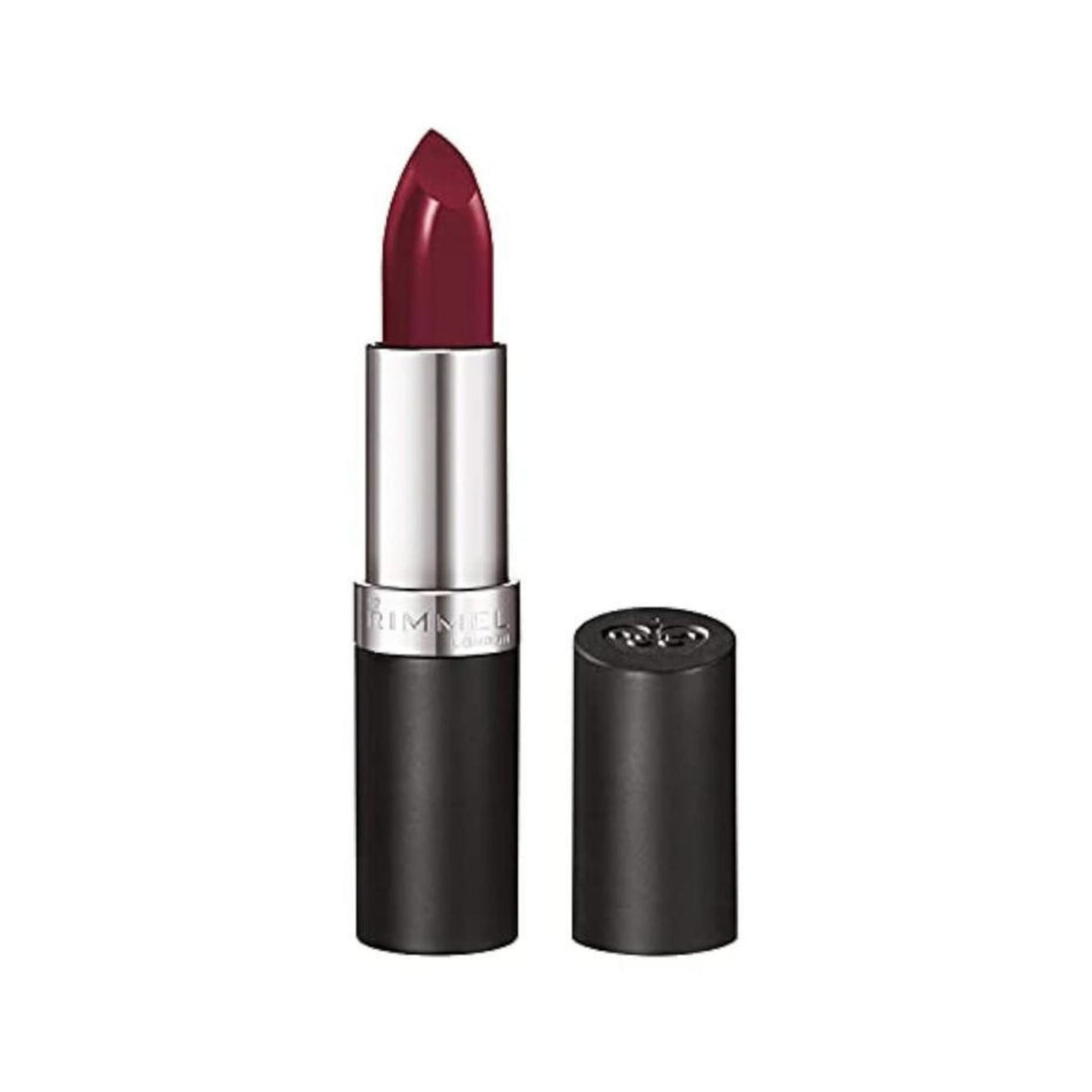 Refect Beauty Rimmel London Lasting Finish lipstick in a deep berry red shade with a sleek black and silver tube.