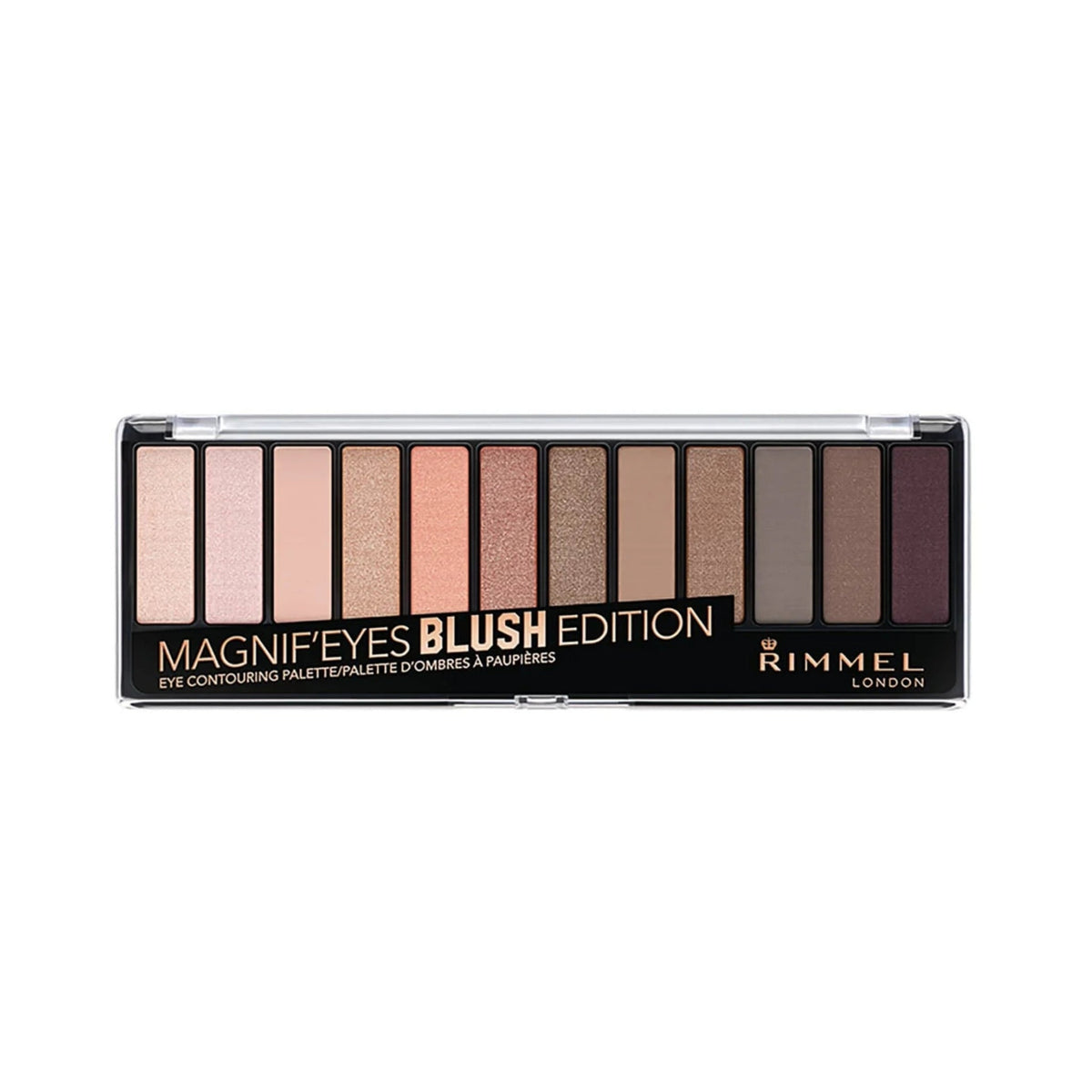 Refect Beauty Rimmel London Magnif'Eyes Blush Edition eyeshadow palette featuring shimmering pinks and taupes.