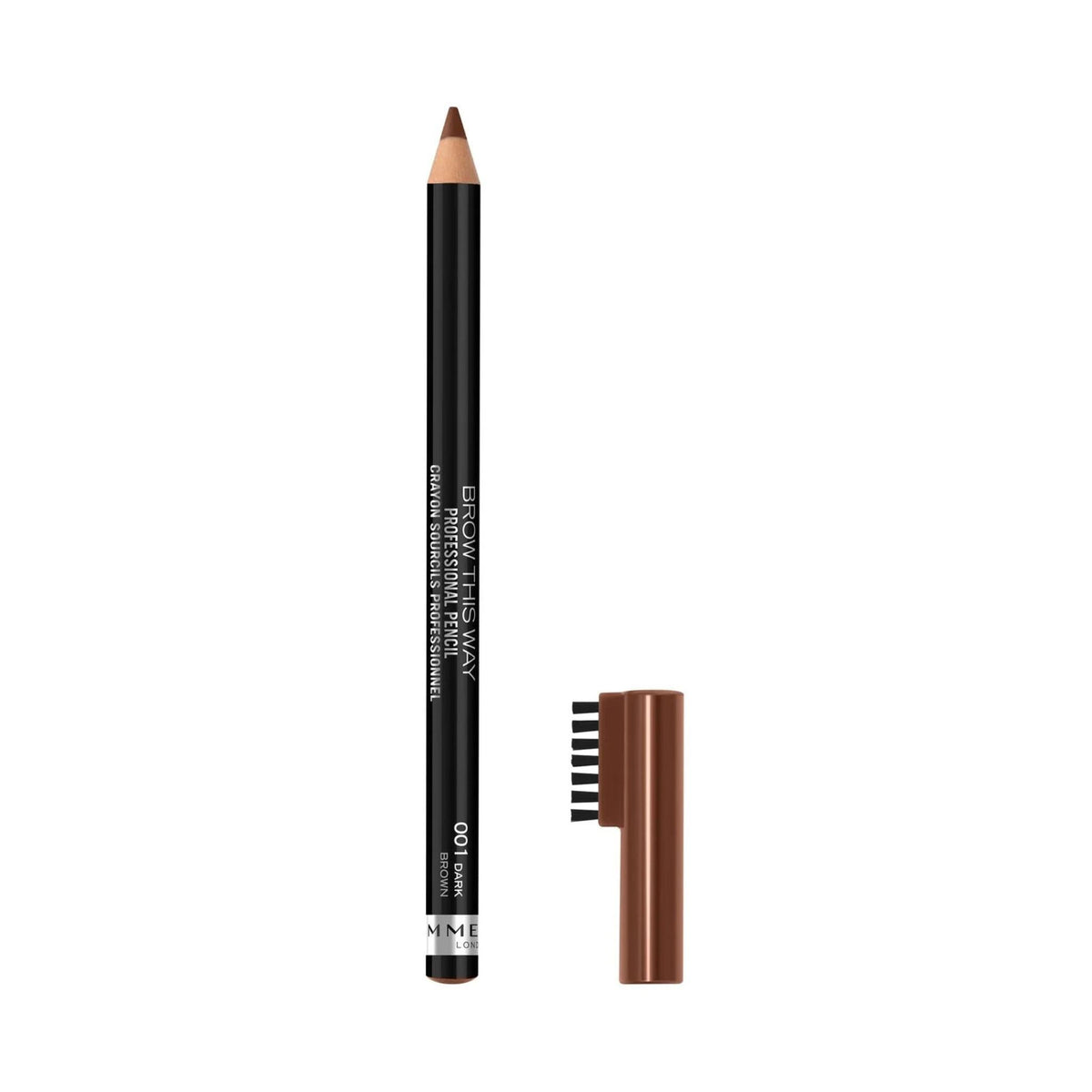 Refect Beauty Rimmel London professional eyebrow pencil in dark brown with a built-in grooming brush applicator