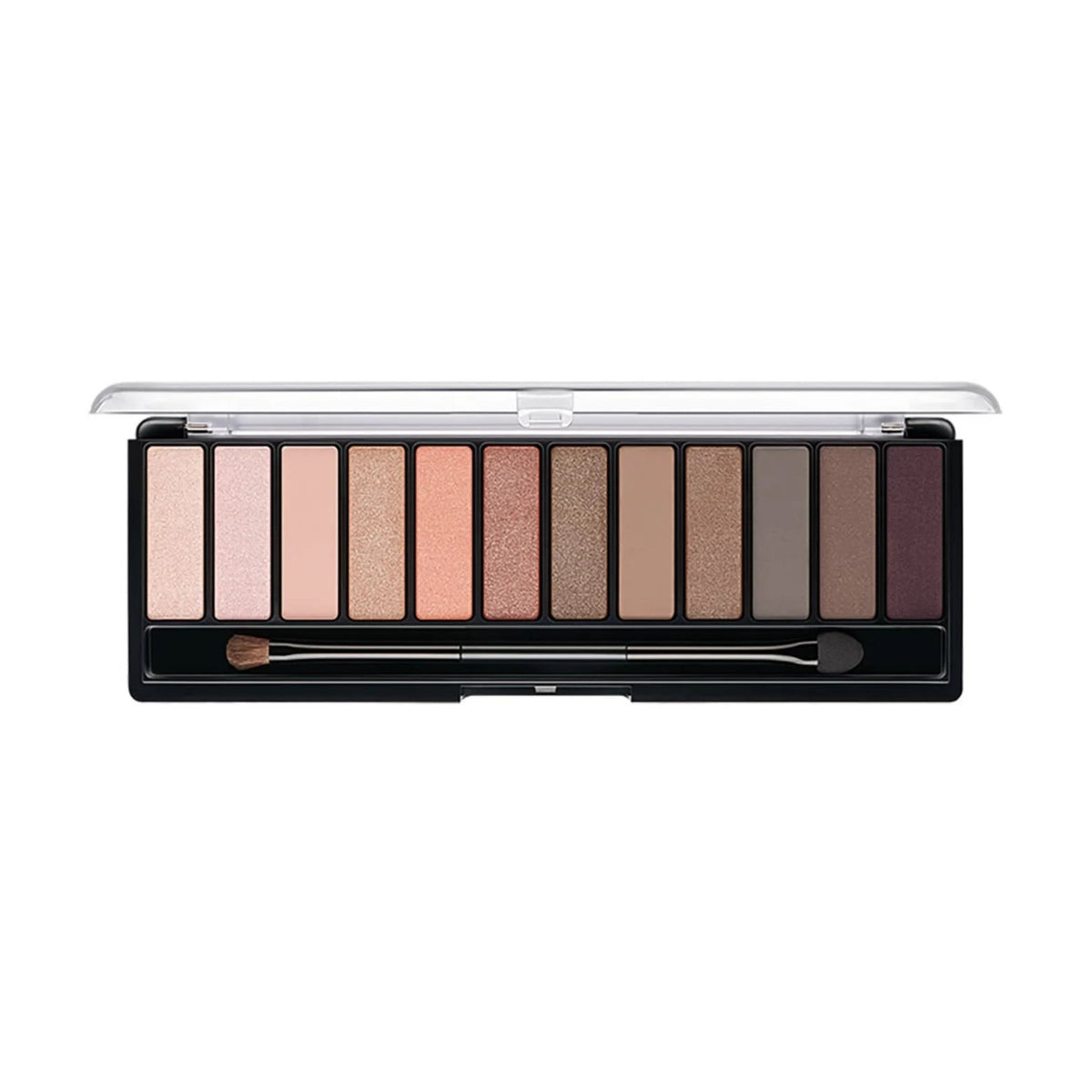 Refect Beauty Rimmel London Magnif'Eyes eyeshadow palette featuring a range of neutral nude and brown shades.