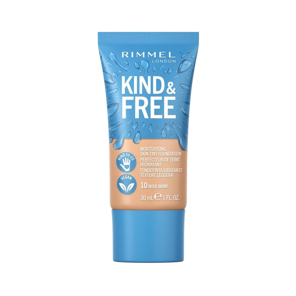 Refect Beauty Rimmel London Kind & Free vegan foundation in Rose Ivory shade in a blue squeeze tube.