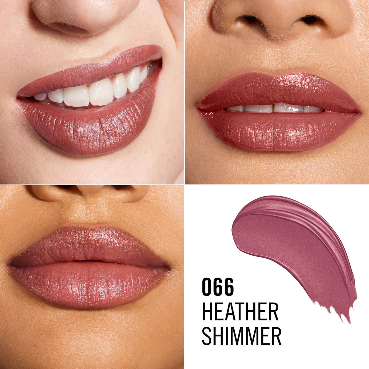 Refect Beauty Rimmel London Lasting Finish Lipstick in 066 Heather Shimmer, a creamy mauve shade with a subtle sheen.