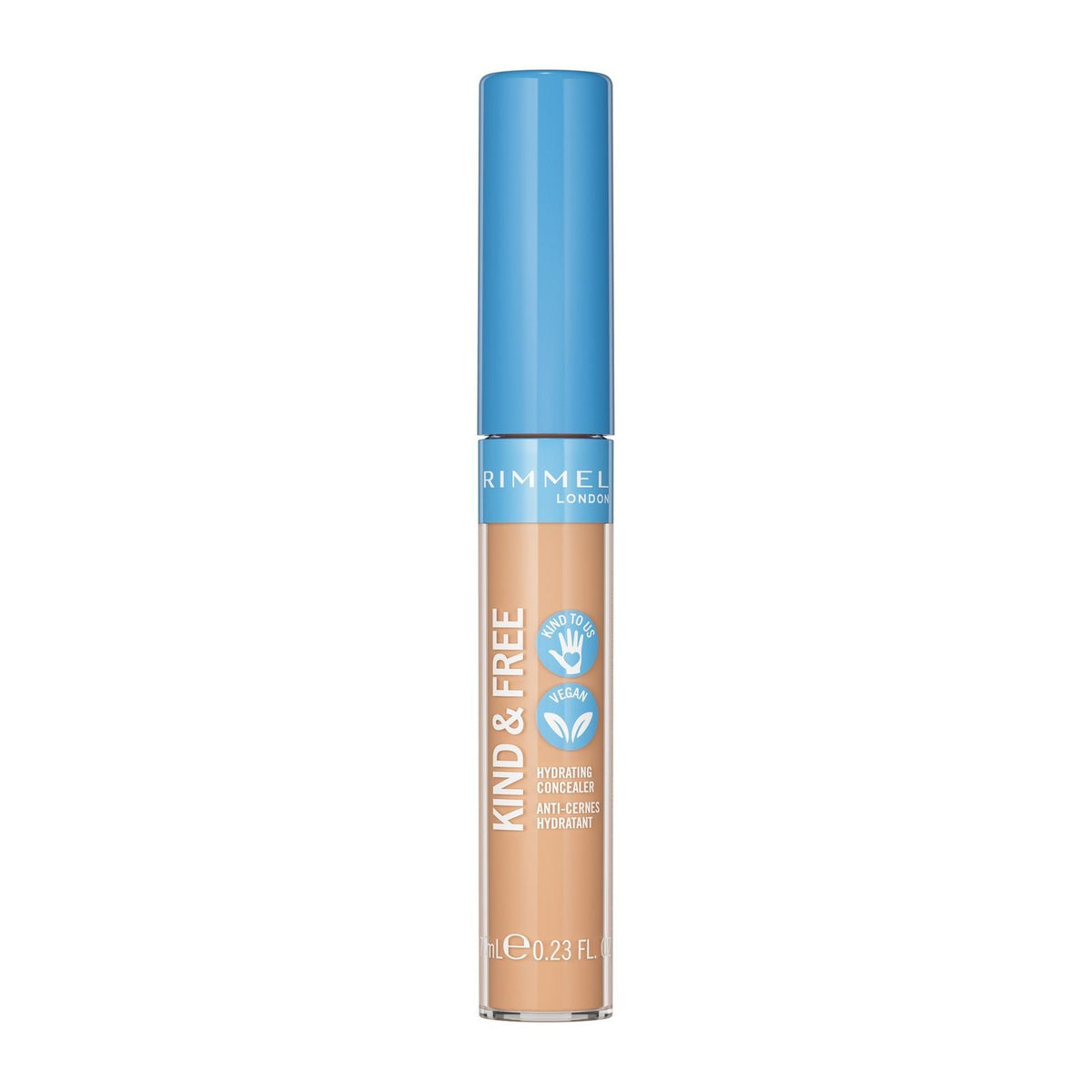 Refect Beauty Rimmel London Kind & Free Hydrating Concealer in a clear tube with a blue cap and applicator wand.