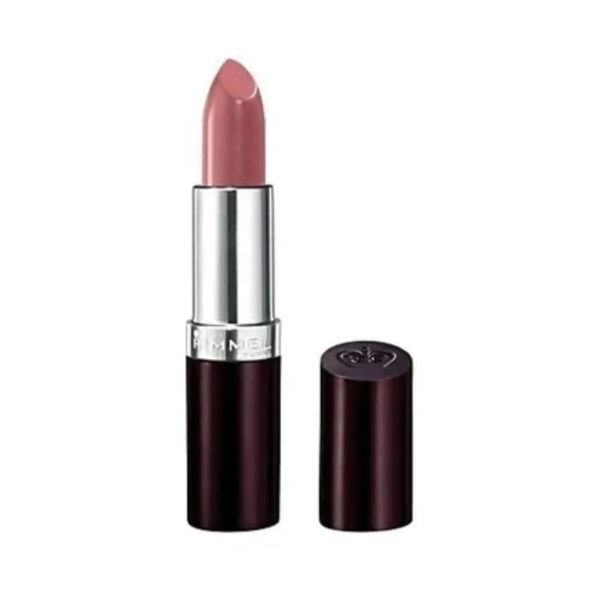 Refect Beauty Rimmel London Lasting Finish lipstick in a creamy nude shade with a dark brown tube and silver base.