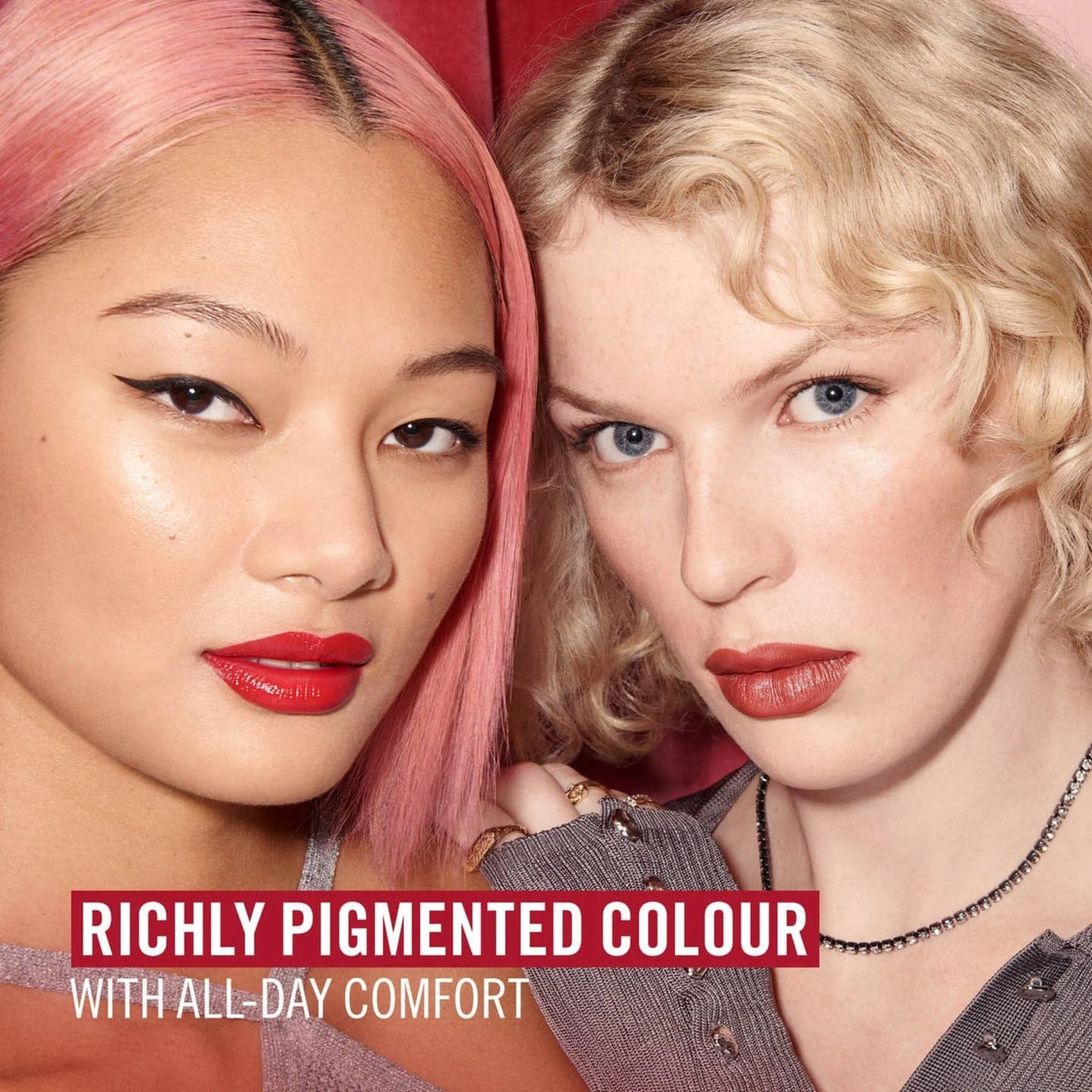Two models wearing Refect Beauty Rimmel London Lasting Finish Lipstick in vibrant red and deep berry shades