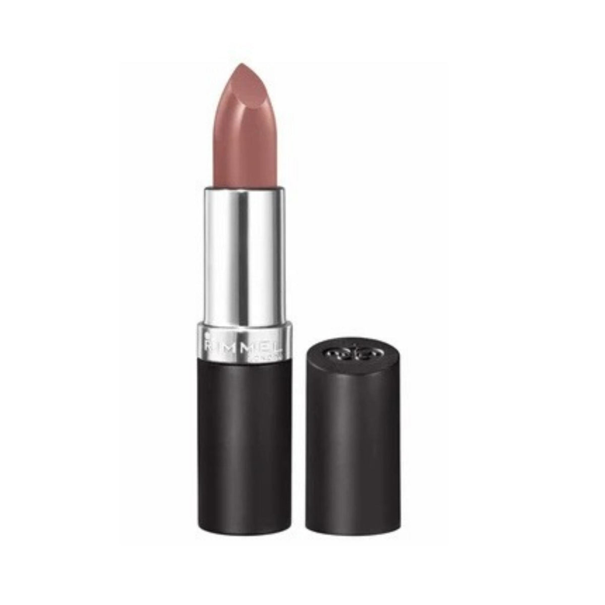 Refect Beauty Rimmel London Lasting Finish lipstick in a neutral mauve shade with a black and silver tube