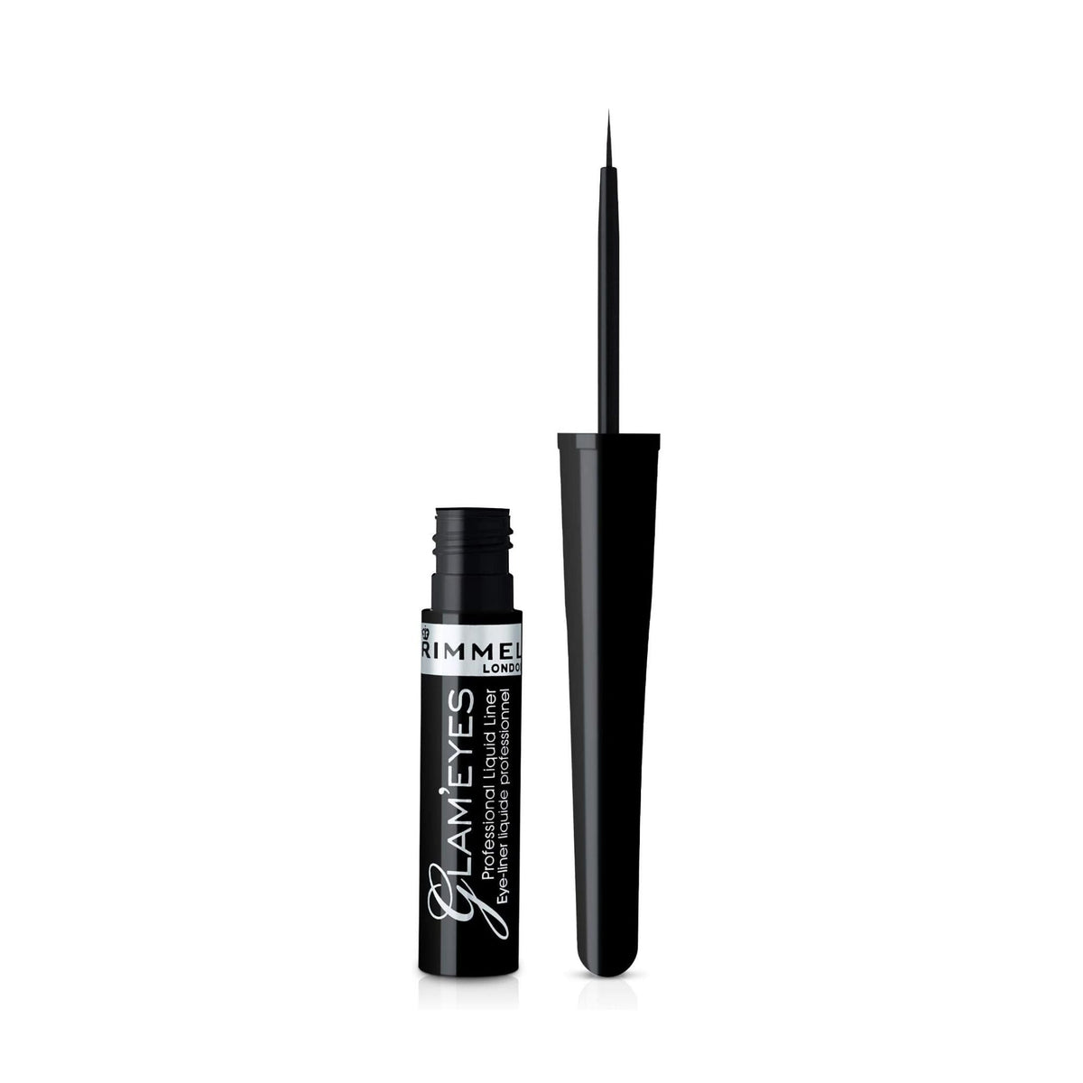 Refect Beauty Rimmel London Glameyes black liquid eyeliner with a fine precision brush applicator for defined lines.
